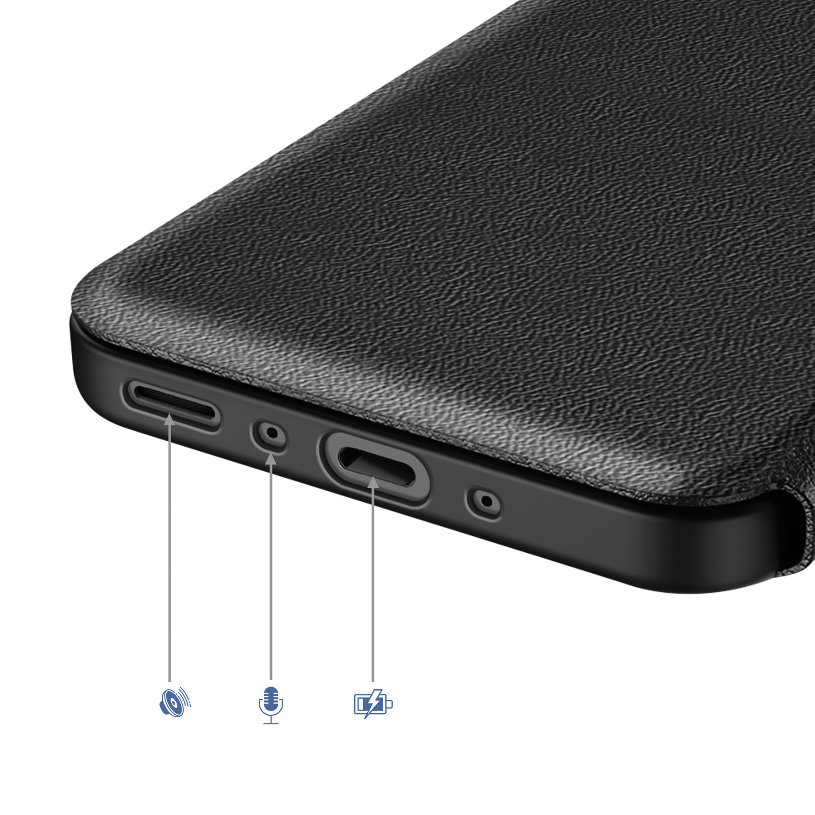 Primo piano di una custodia nera per telefono con porte di ricarica e audio.