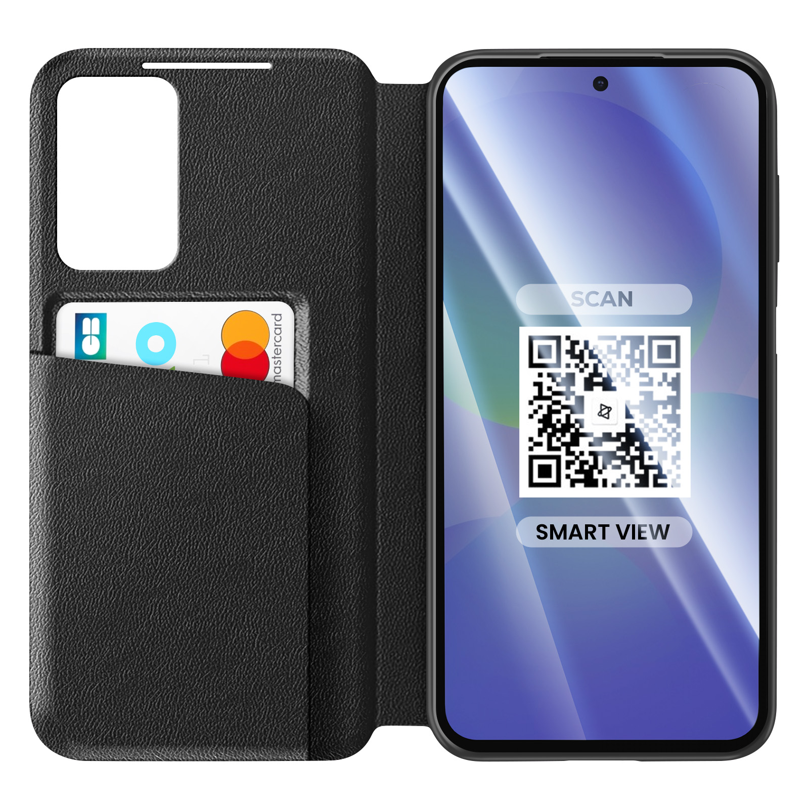 Custodia a libro nera con una carta e uno smartphone che mostra un codice QR.