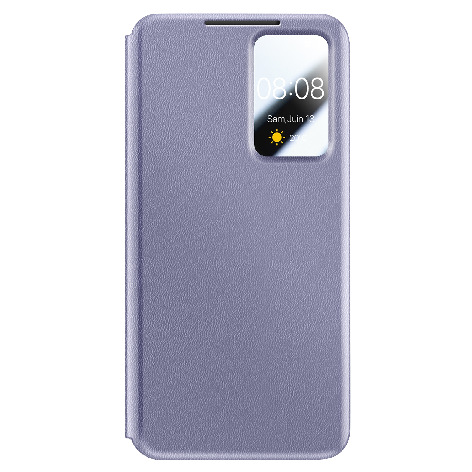 Custodia viola per telefono con finestra di visualizzazione che mostra ora, data.
