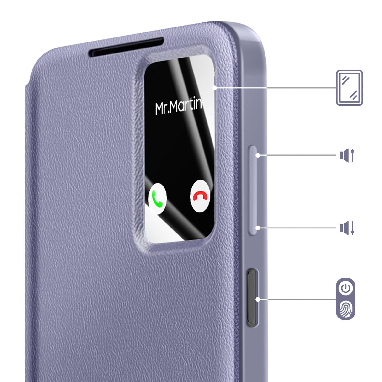 Custodia viola per telefono con finestra mostra chiamata in arrivo. Tasti.