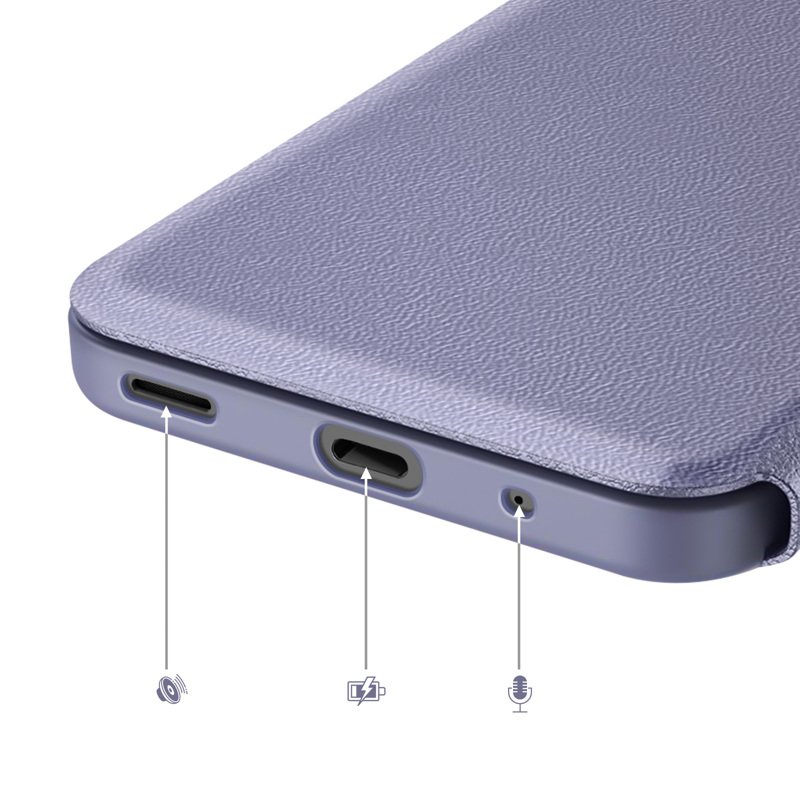 Custodia viola per telefono con porte: altoparlante, USB-C e microfono.