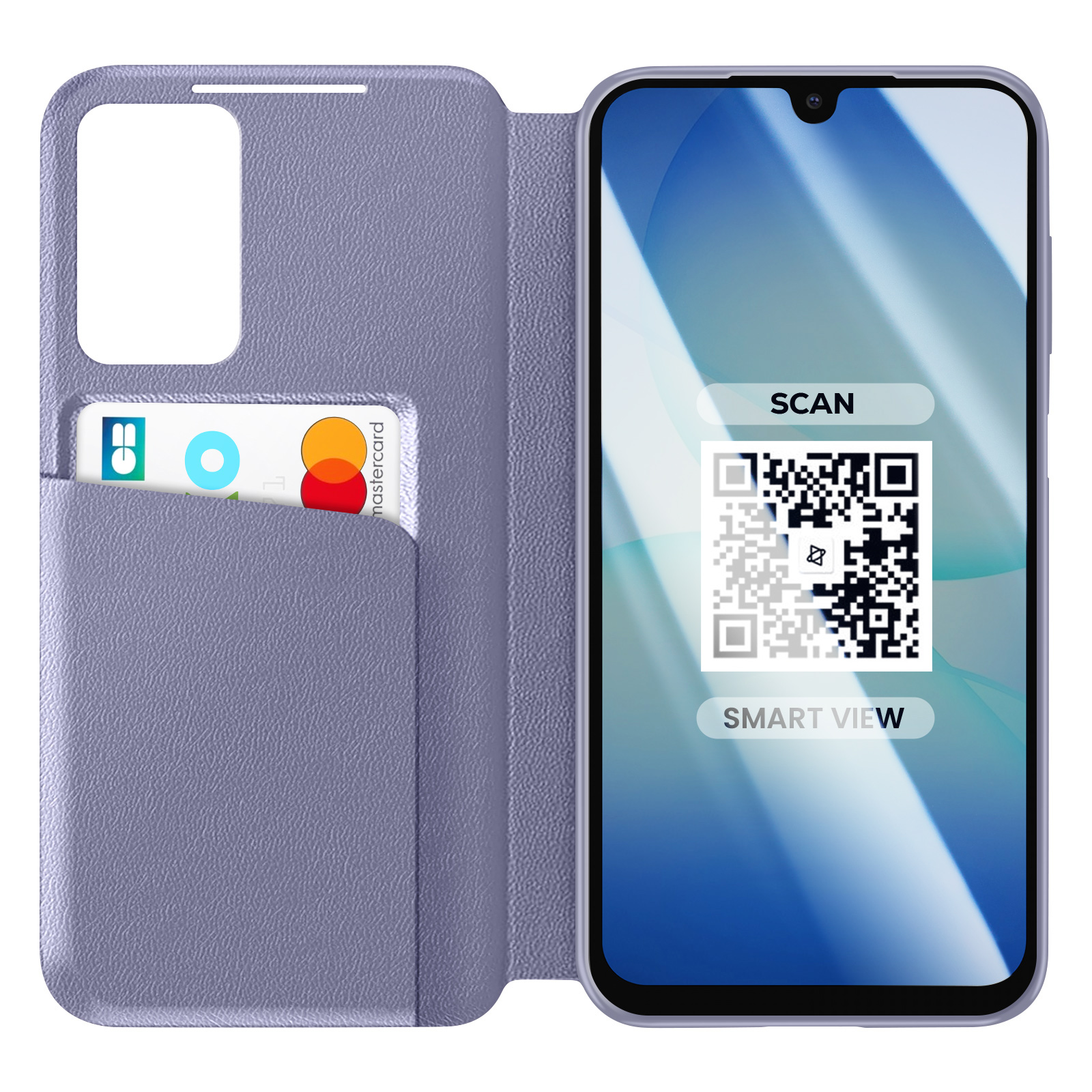 Una custodia viola per telefono con slot per carte mostra una Mastercard. Lo schermo visualizza un codice QR.