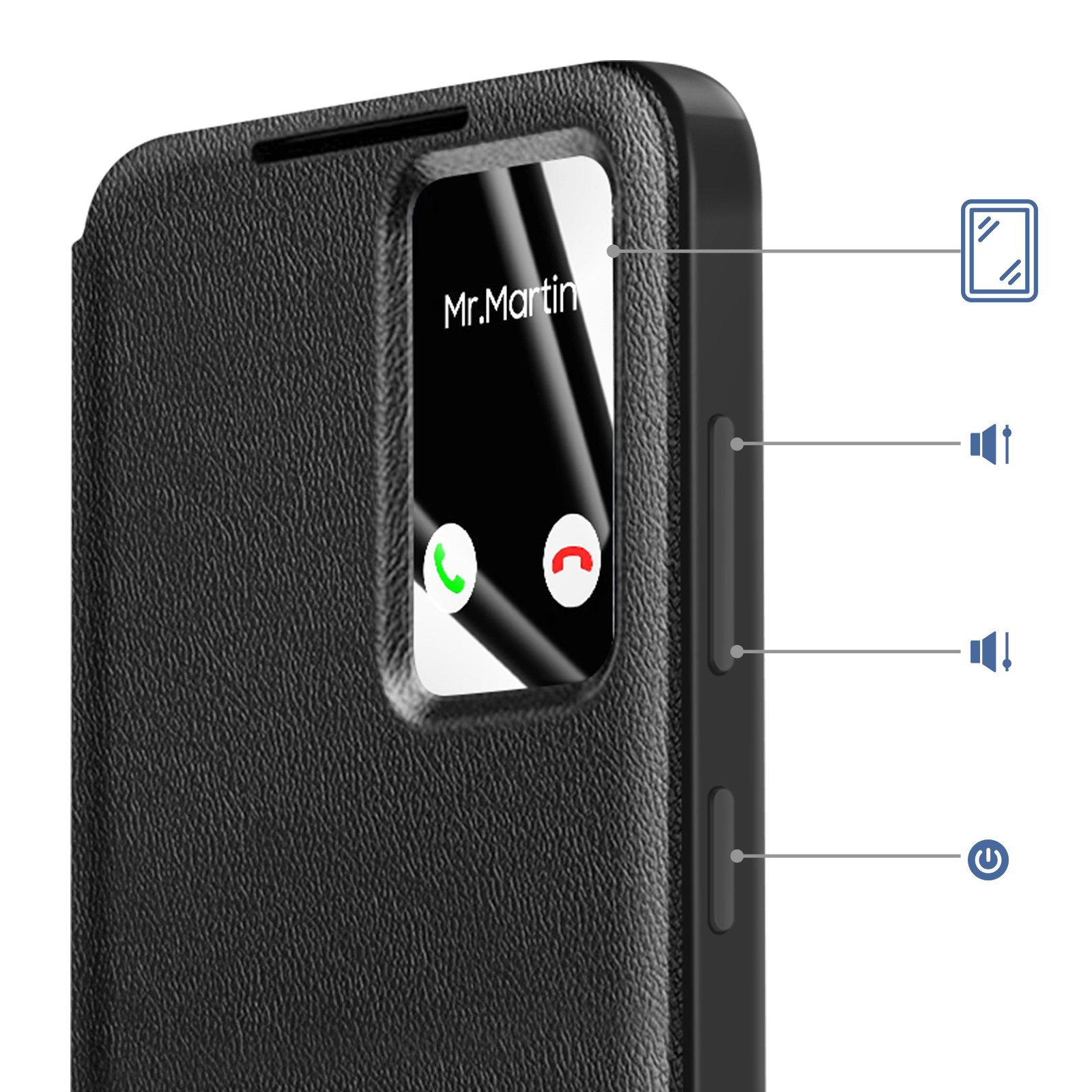 Custodia nera per telefono con finestra che mostra una chiamata da Mr. Martin.