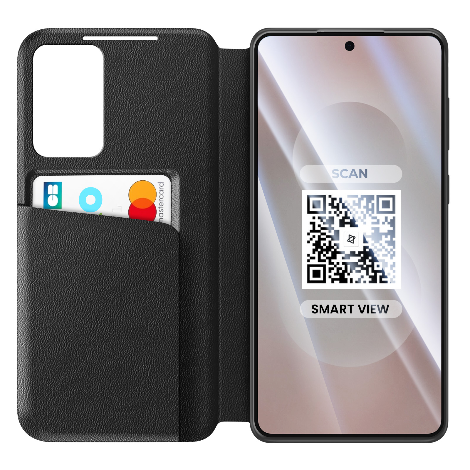 Custodia nera per telefono con slot per carte e Mastercard. Il telefono mostra il codice QR.