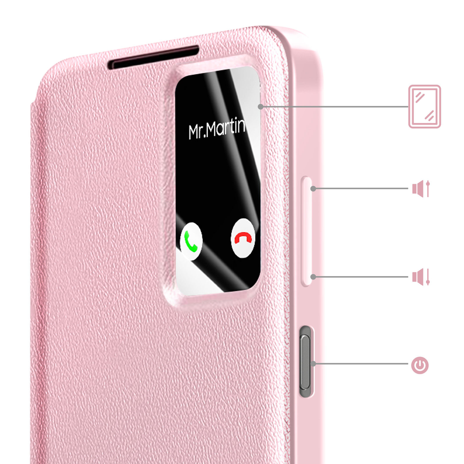 Una custodia rosa per telefono con una finestra che mostra una chiamata in arrivo.