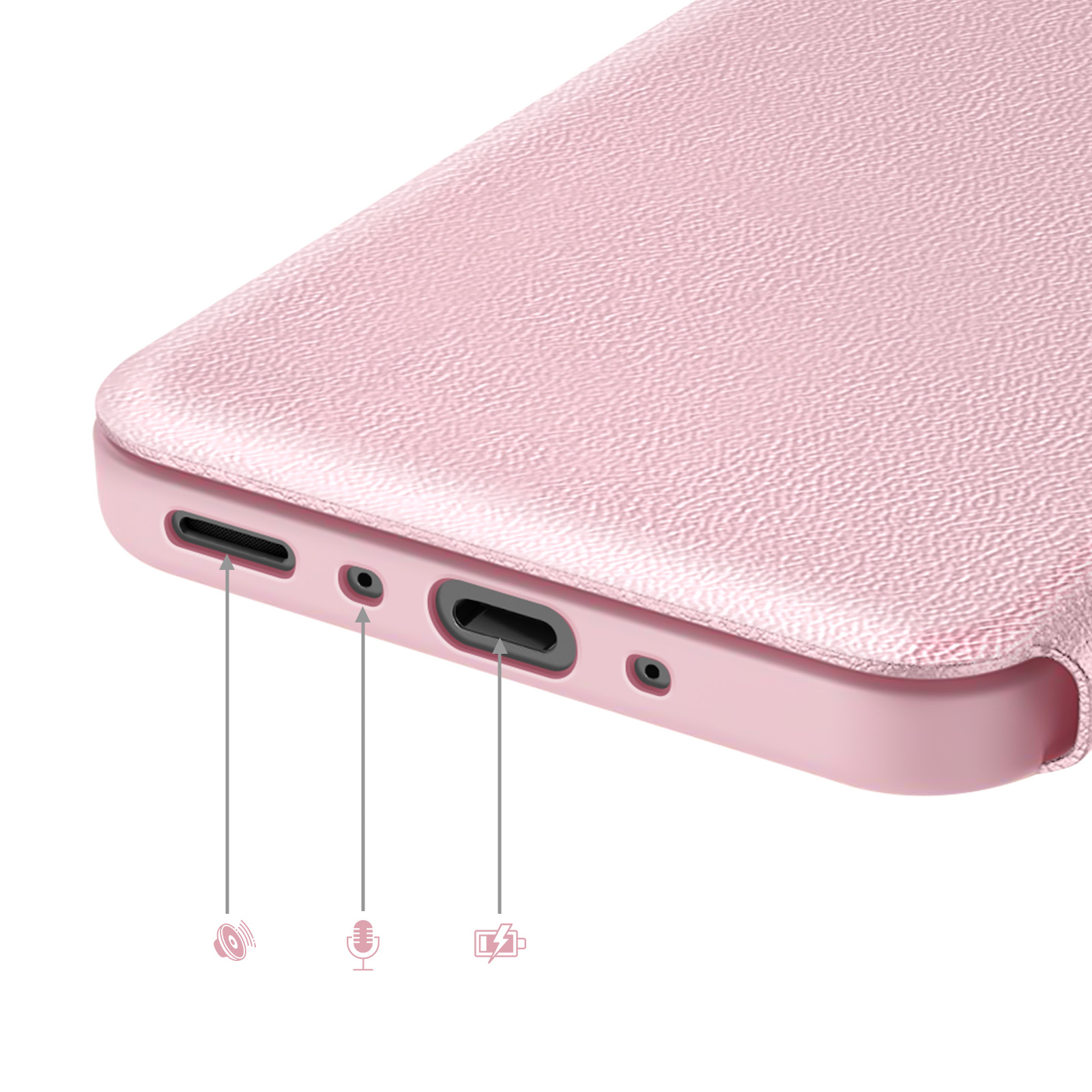 Primo piano delle porte di un telefono rosa con icone per altoparlante, microfono e porta di ricarica.