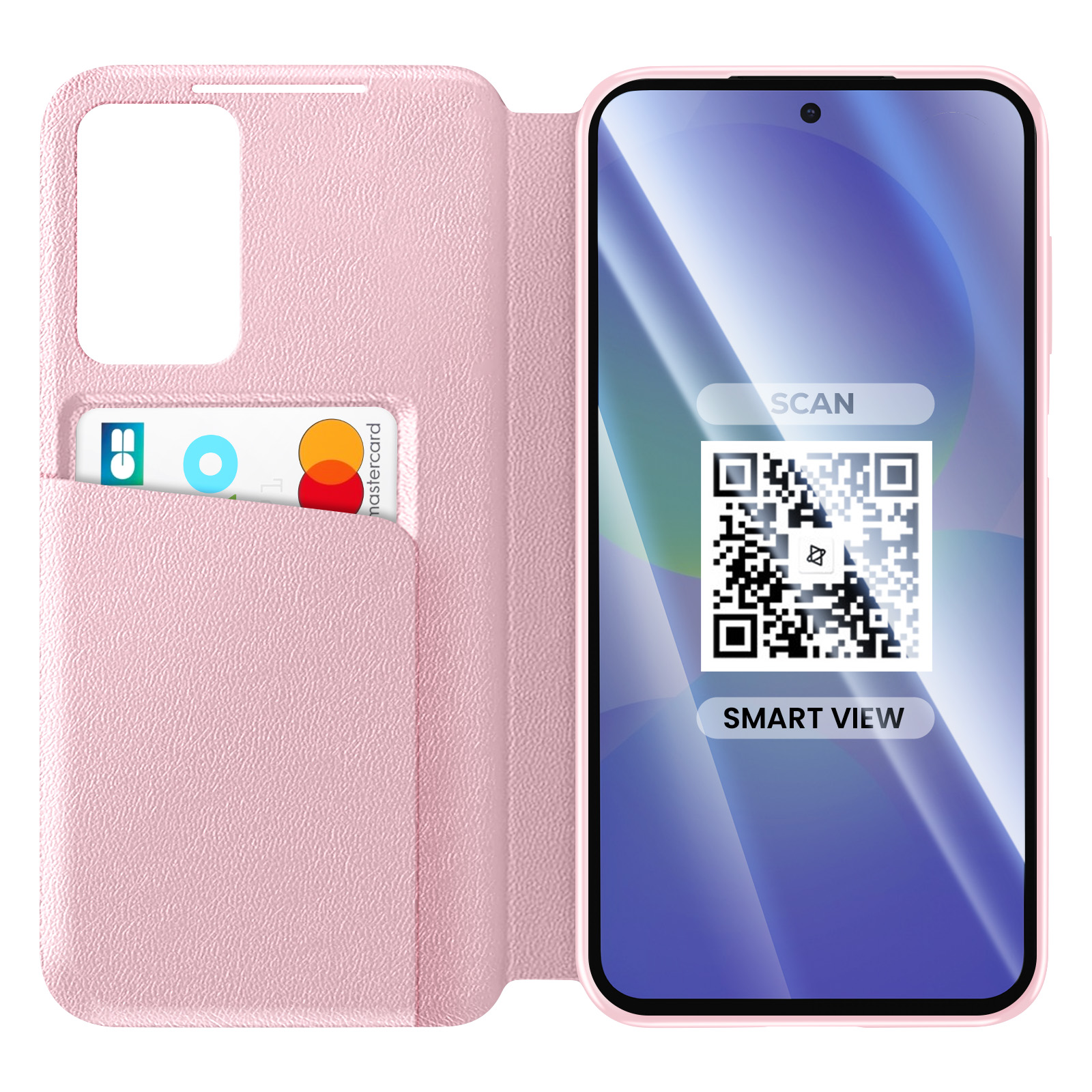 Una custodia a portafoglio rosa per telefono con una carta e un codice QR sullo schermo.