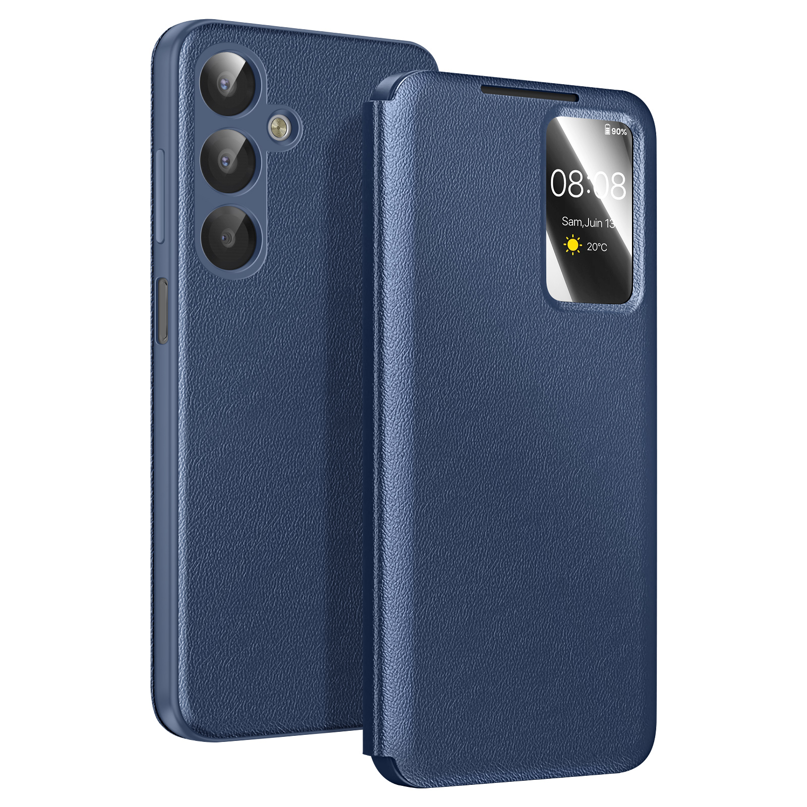 Una cover blu navy per telefono con tre fotocamere sul retro e una finestra.