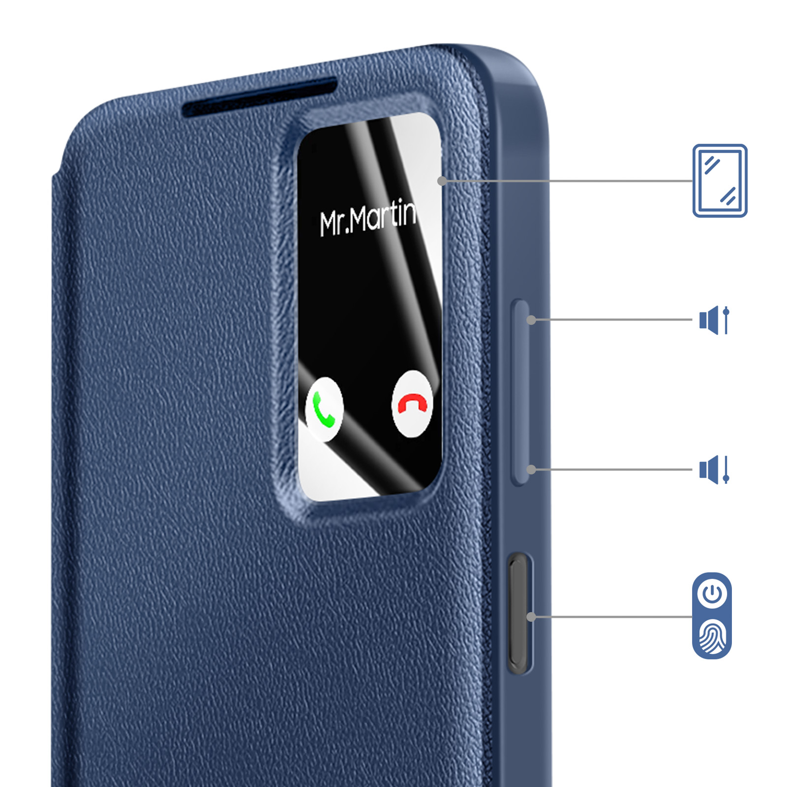 Una custodia blu per telefono con una finestra che mostra una chiamata in arrivo da Mr. Martin.