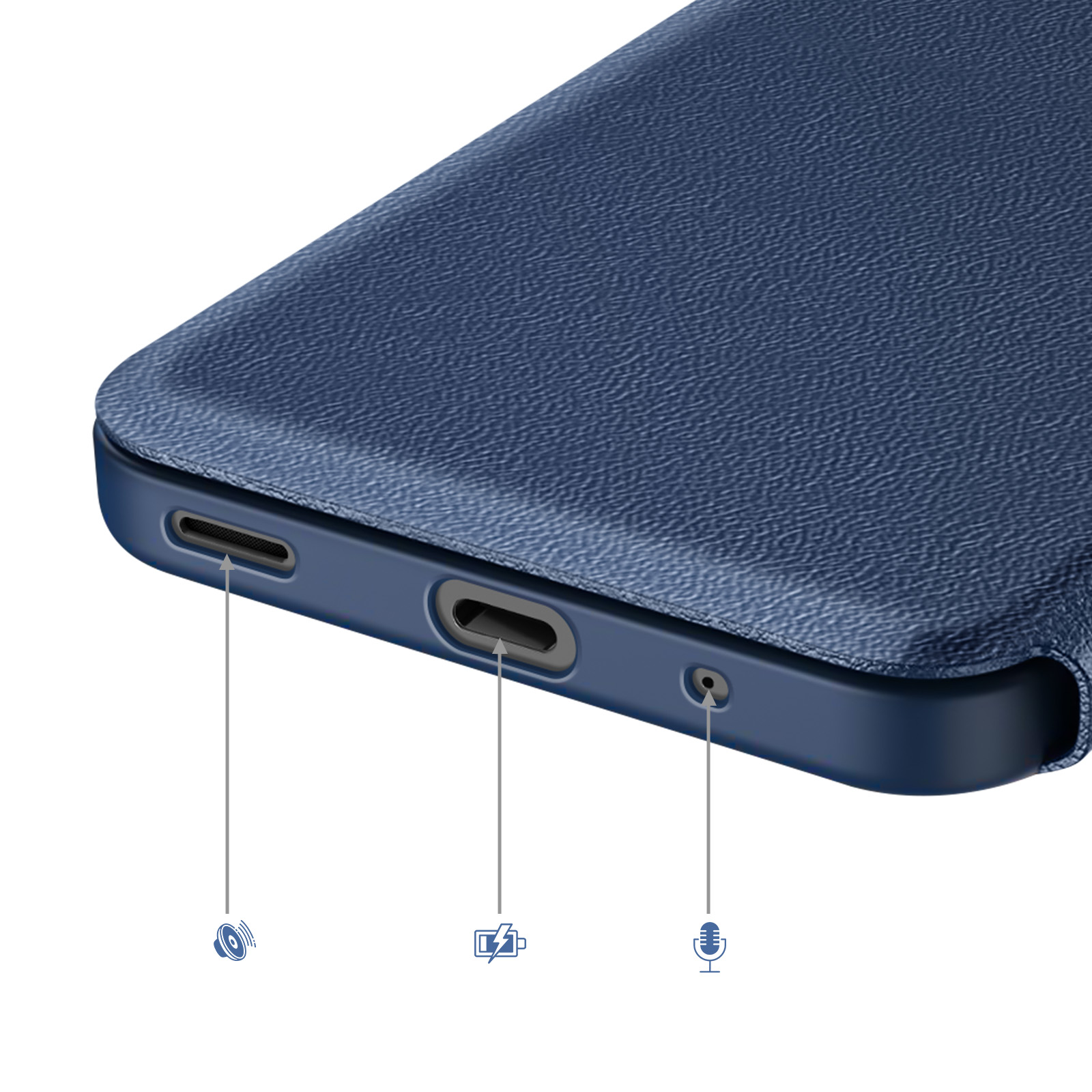 Custodia blu scuro mostra porte: altoparlante, USB-C, jack cuffie.