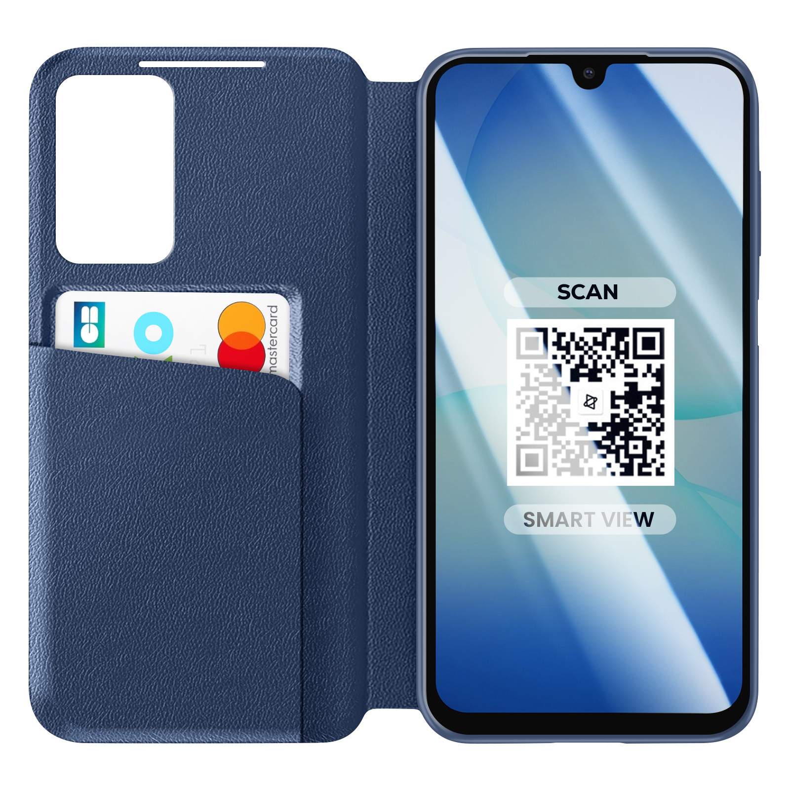 Custodia blu per telefono con porta carte e codice QR sullo schermo.