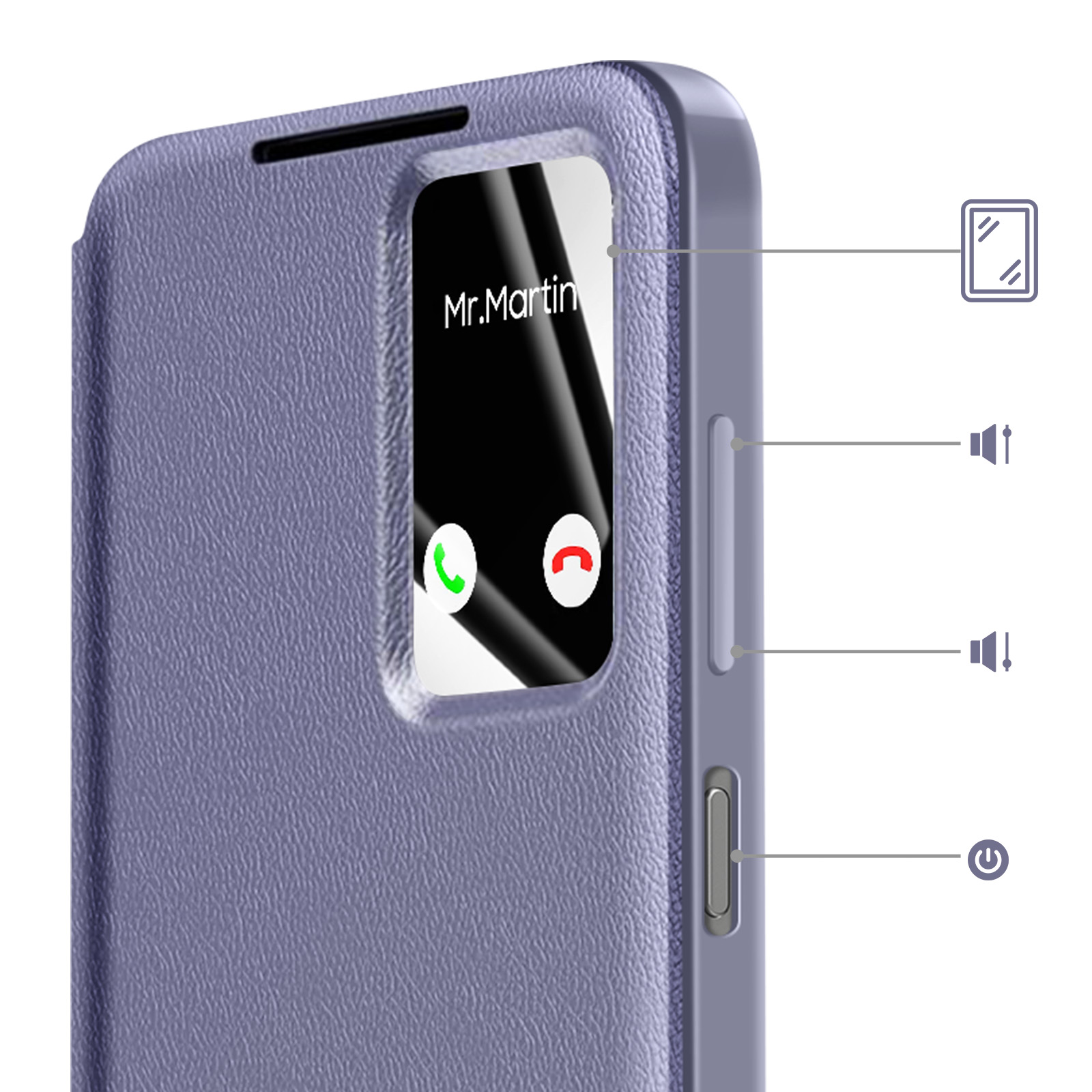 Custodia viola per telefono mostra chiamata in arrivo da Mr. Martin con pulsanti accetta e rifiuta.