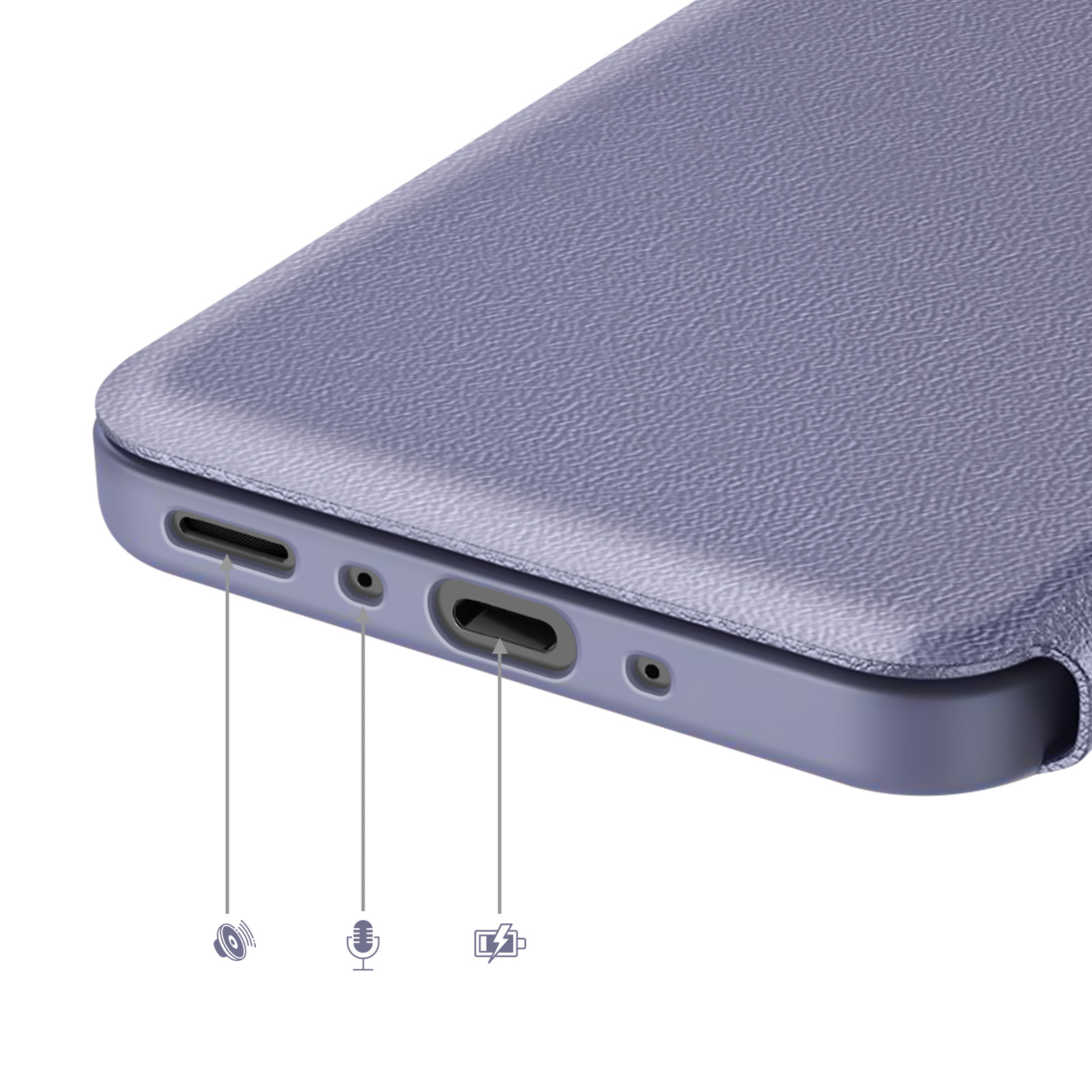 Una cover viola per telefono mostra icone di altoparlante, microfono e porta di ricarica.