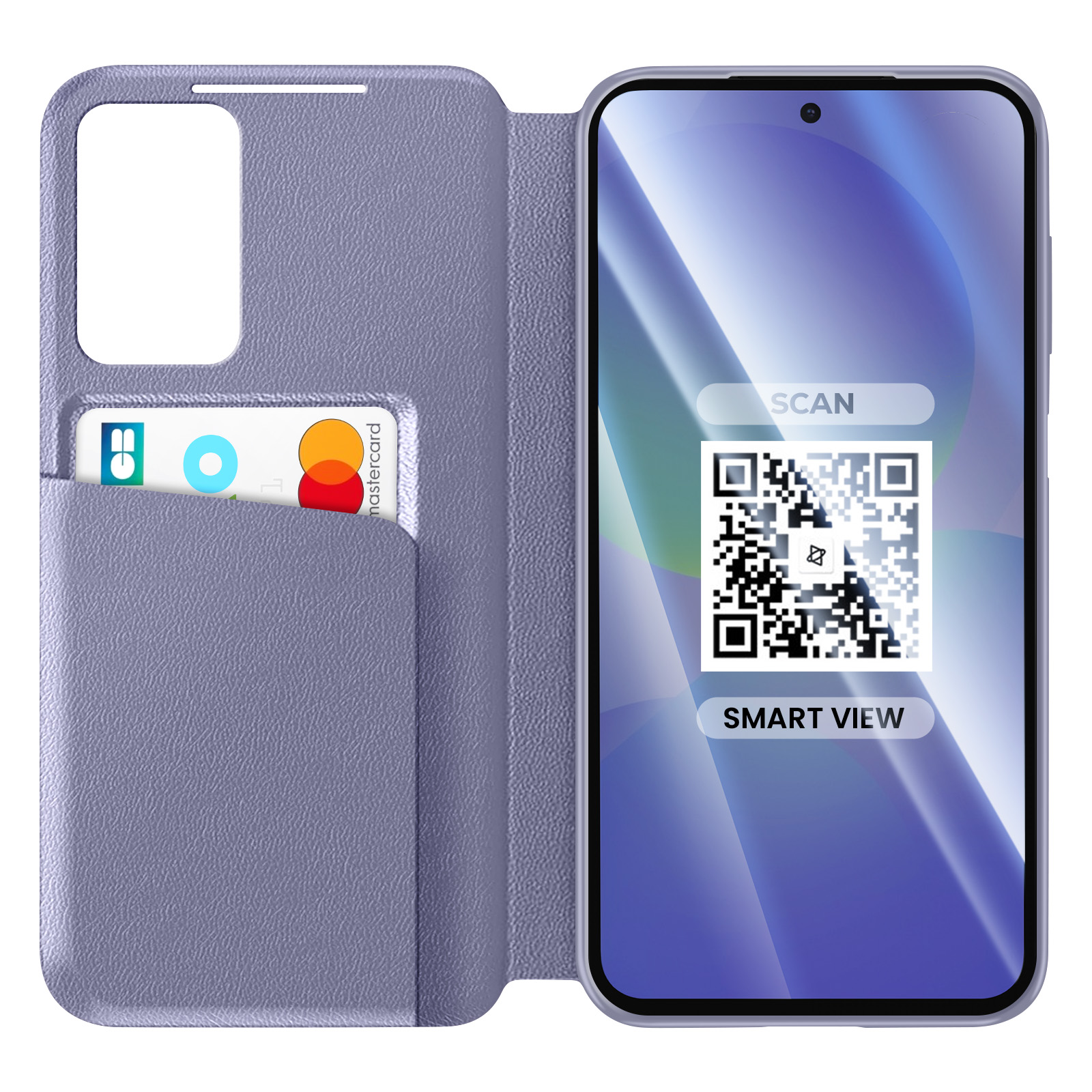 Custodia viola per telefono con porta carte e QR code sullo schermo.