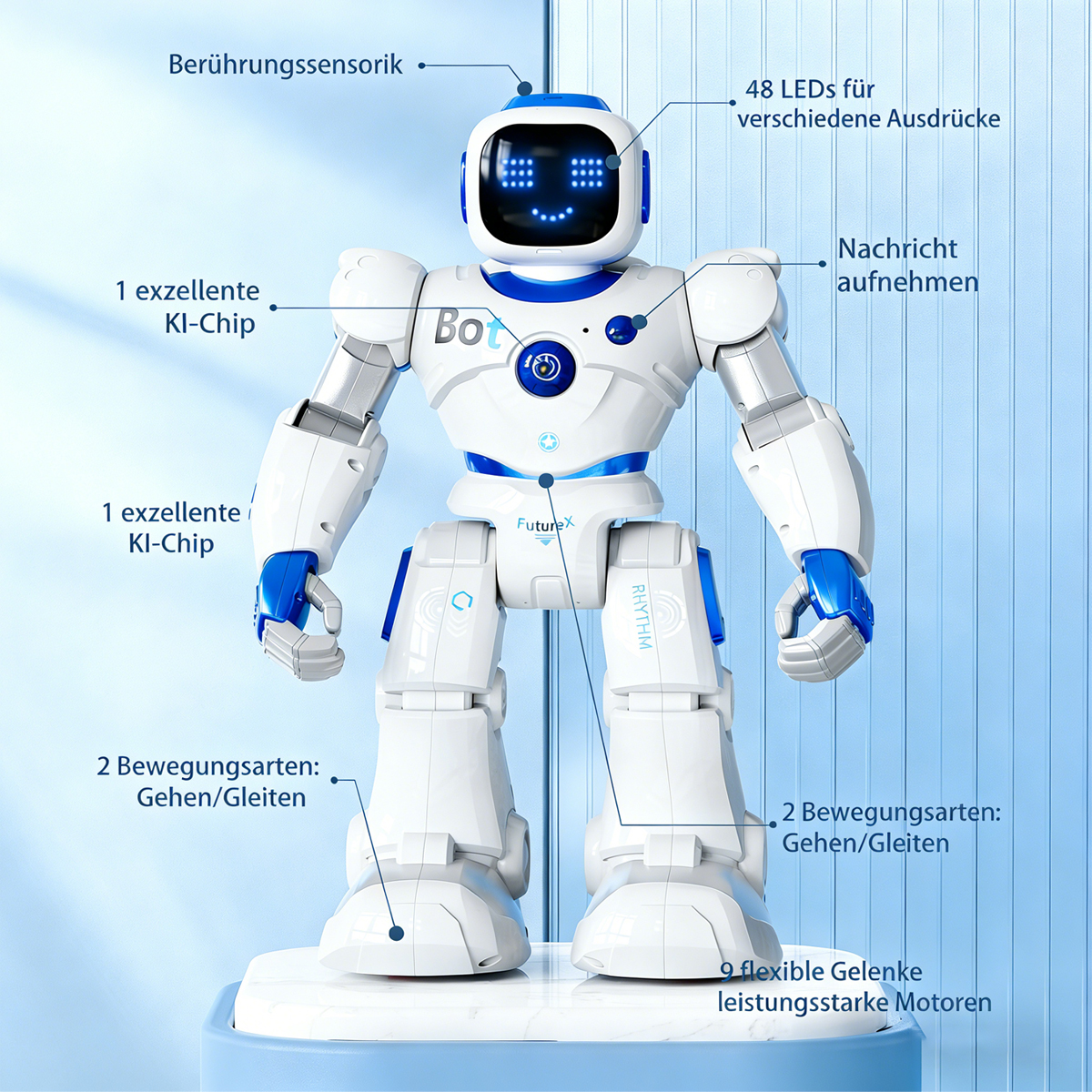 Ein weißer und blauer Roboter mit LED-Augen auf einem Sockel.