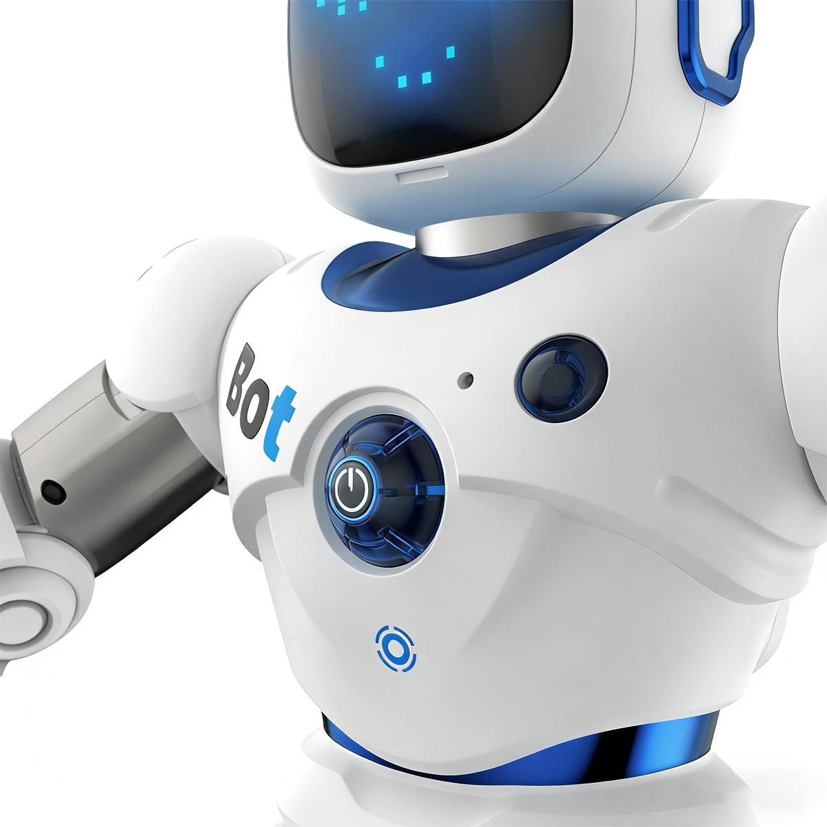 Ein weißer Roboter mit blauen Akzenten und einem digitalen Bildschirm.