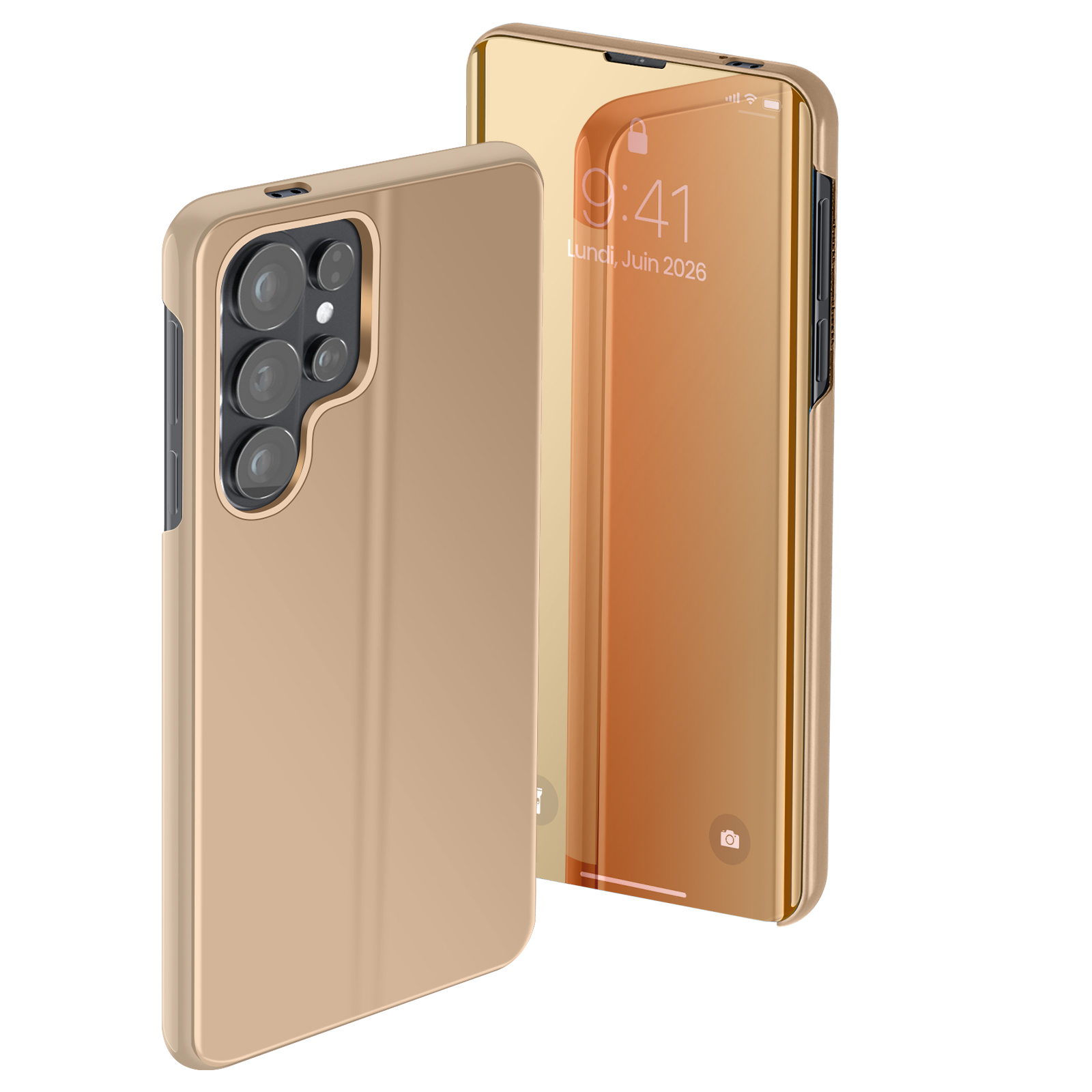 Custodia dorata per telefono con obiettivi della fotocamera e display riflettente.
