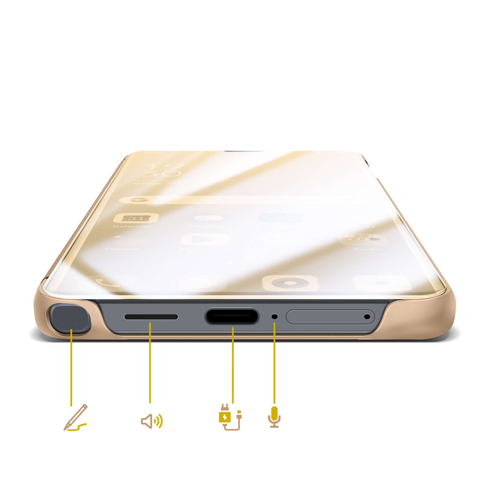 Parte inferiore dello smartphone con porte: stilo, altoparlante, ricarica, microfono.