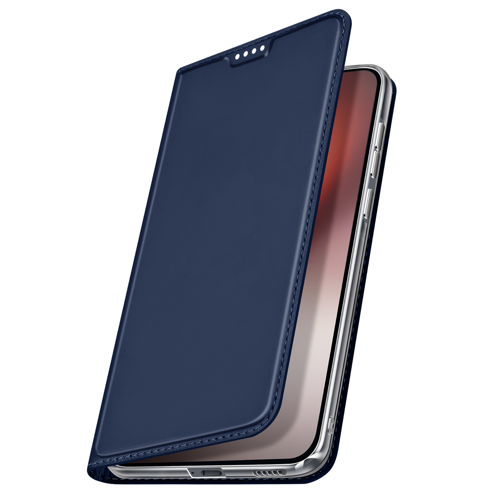 Custodia a libro blu scuro con copertina aperta, mostra uno smartphone.