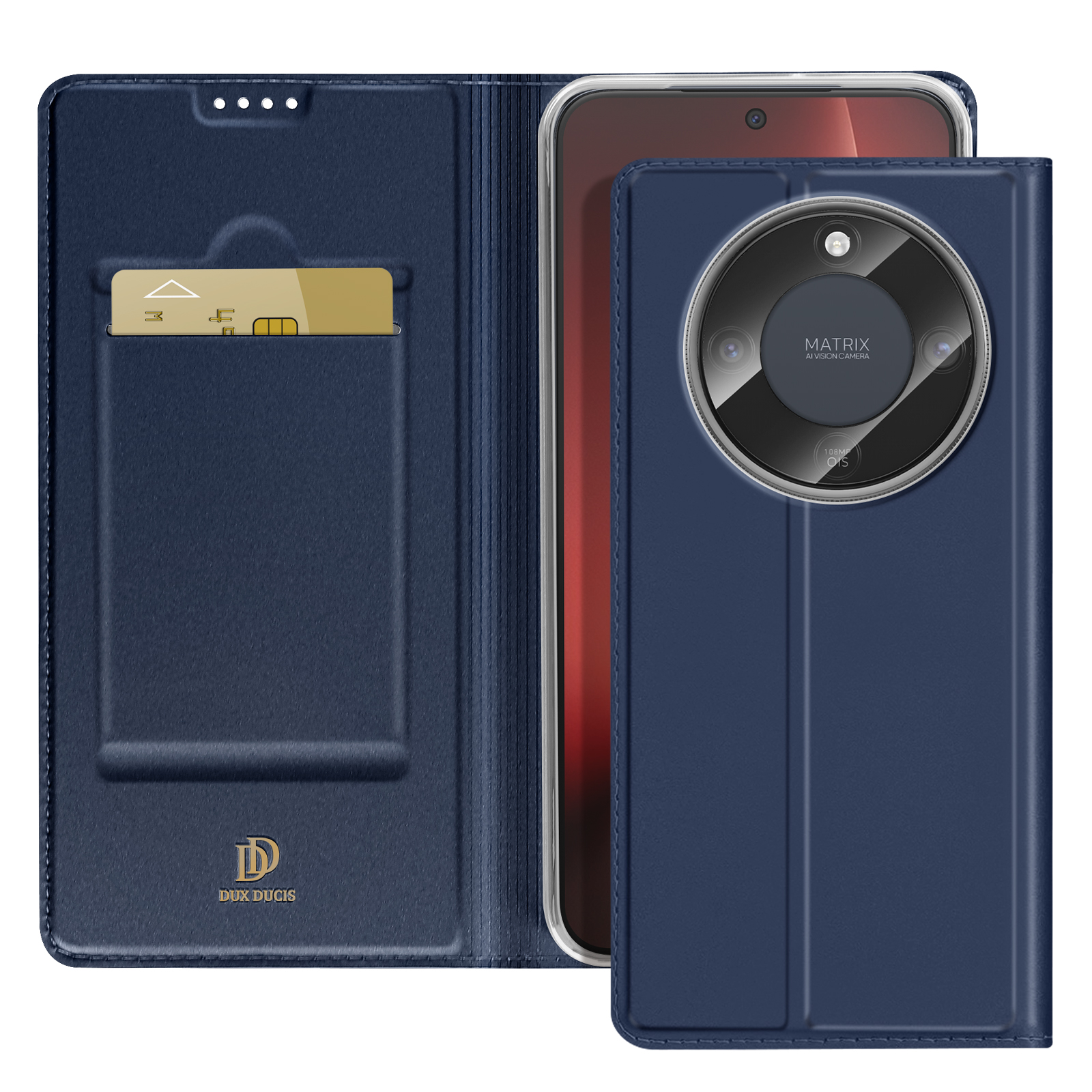 Custodia blu scuro per telefono con porta carte e telefono a tre fotocamere.