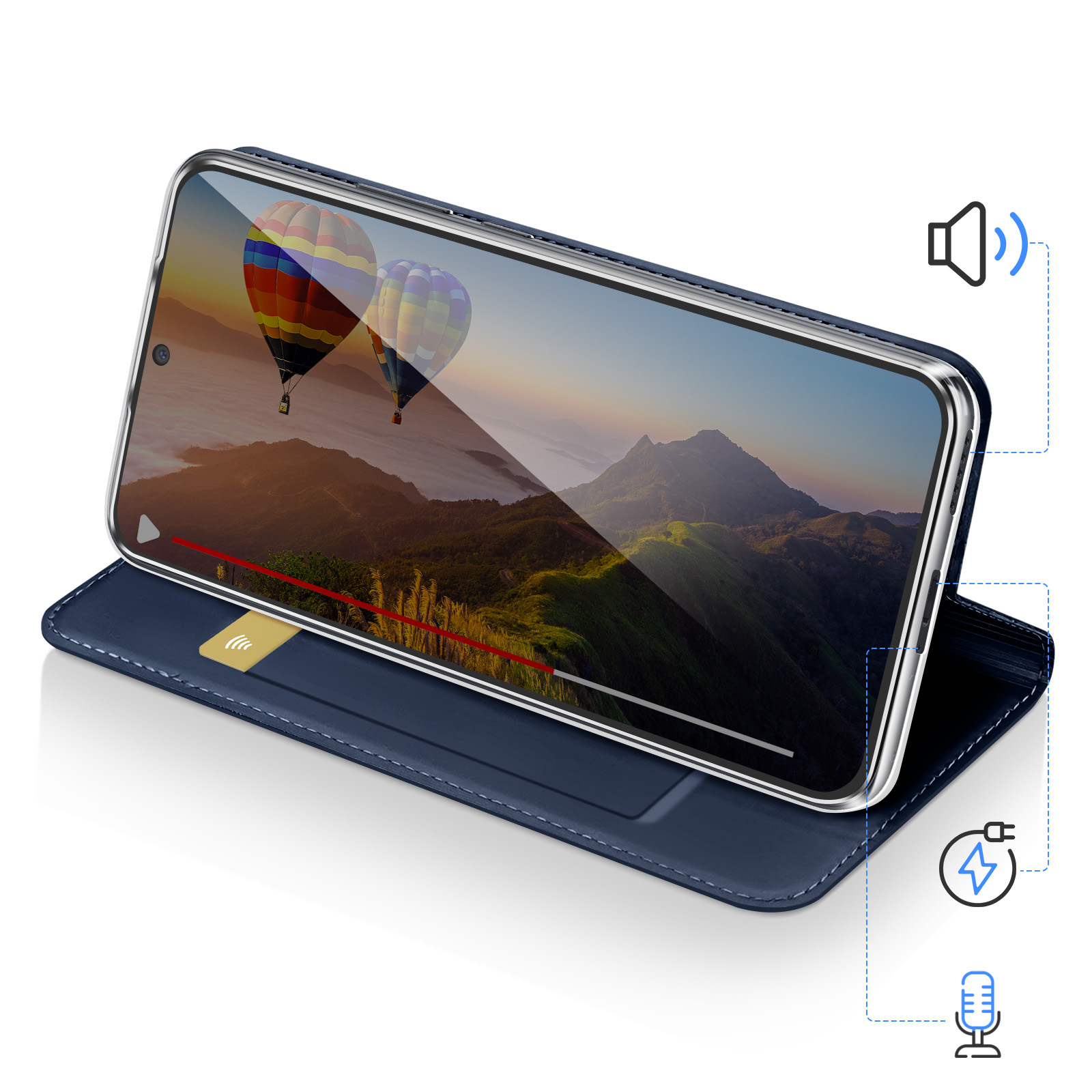Supporto per telefono blu con mongolfiere sopra le montagne.