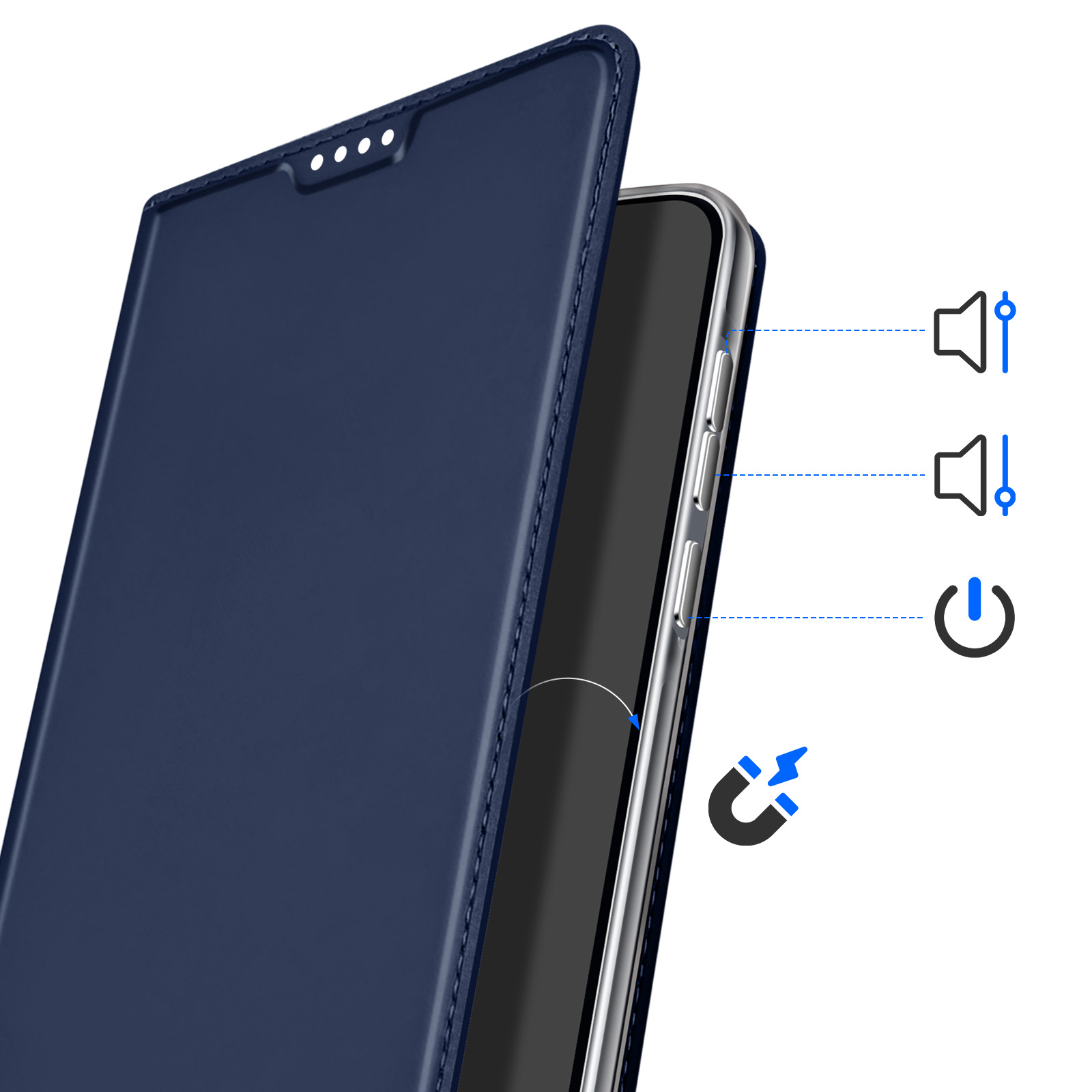Custodia blu scuro per telefono con chiusura magnetica, icone volume e accensione.