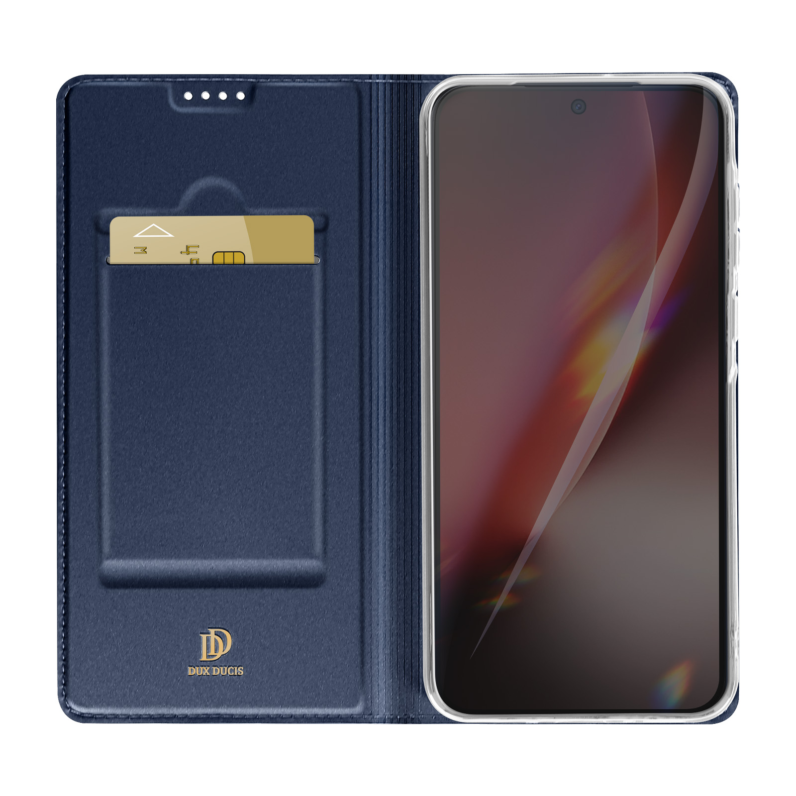 Custodia blu scuro per telefono con slot per carte e smartphone.