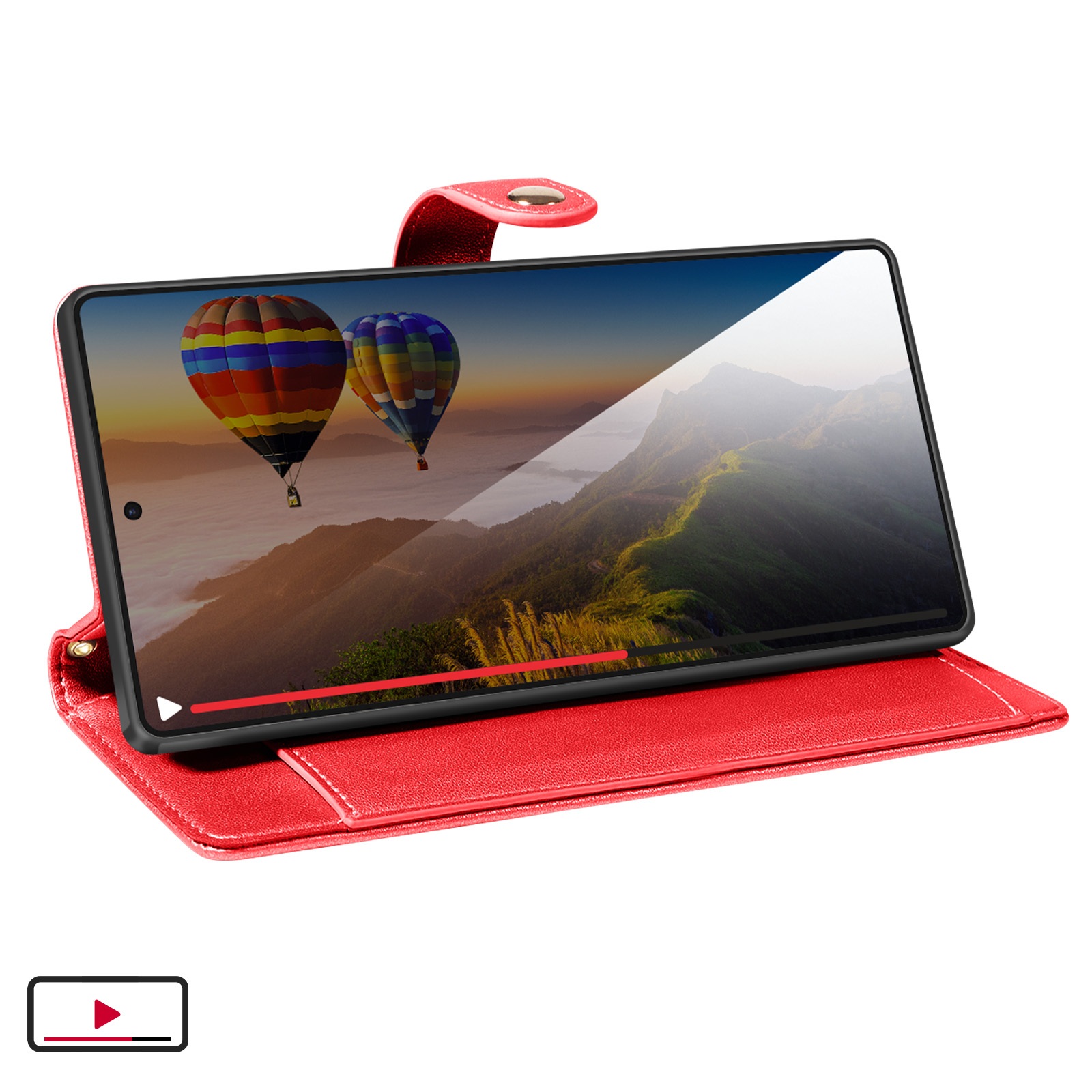 Custodia rossa con tablet che mostra mongolfiere sopra le montagne.