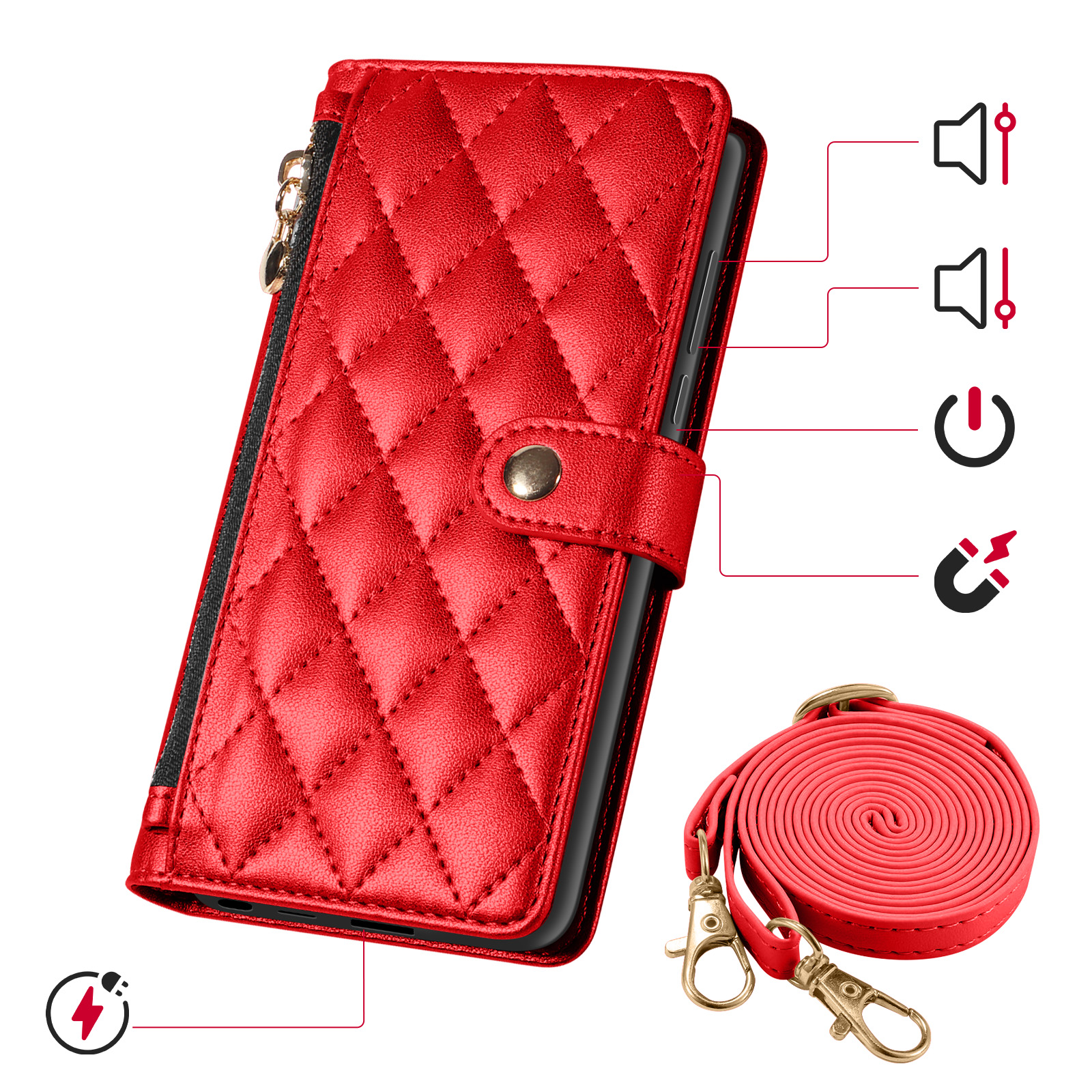 Custodia per telefono rossa trapuntata con cinturino staccabile e chiusura a scatto.