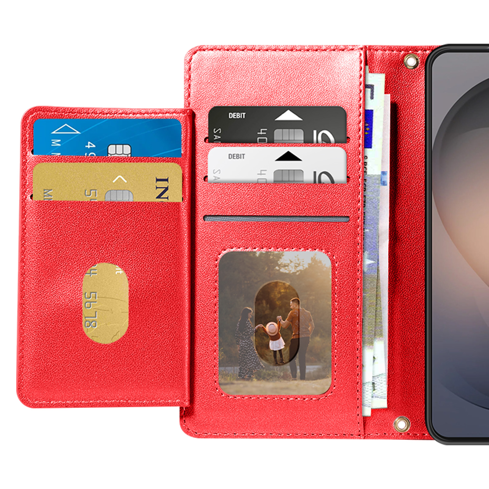 Portafoglio rosso con carte di credito, soldi e foto di famiglia.