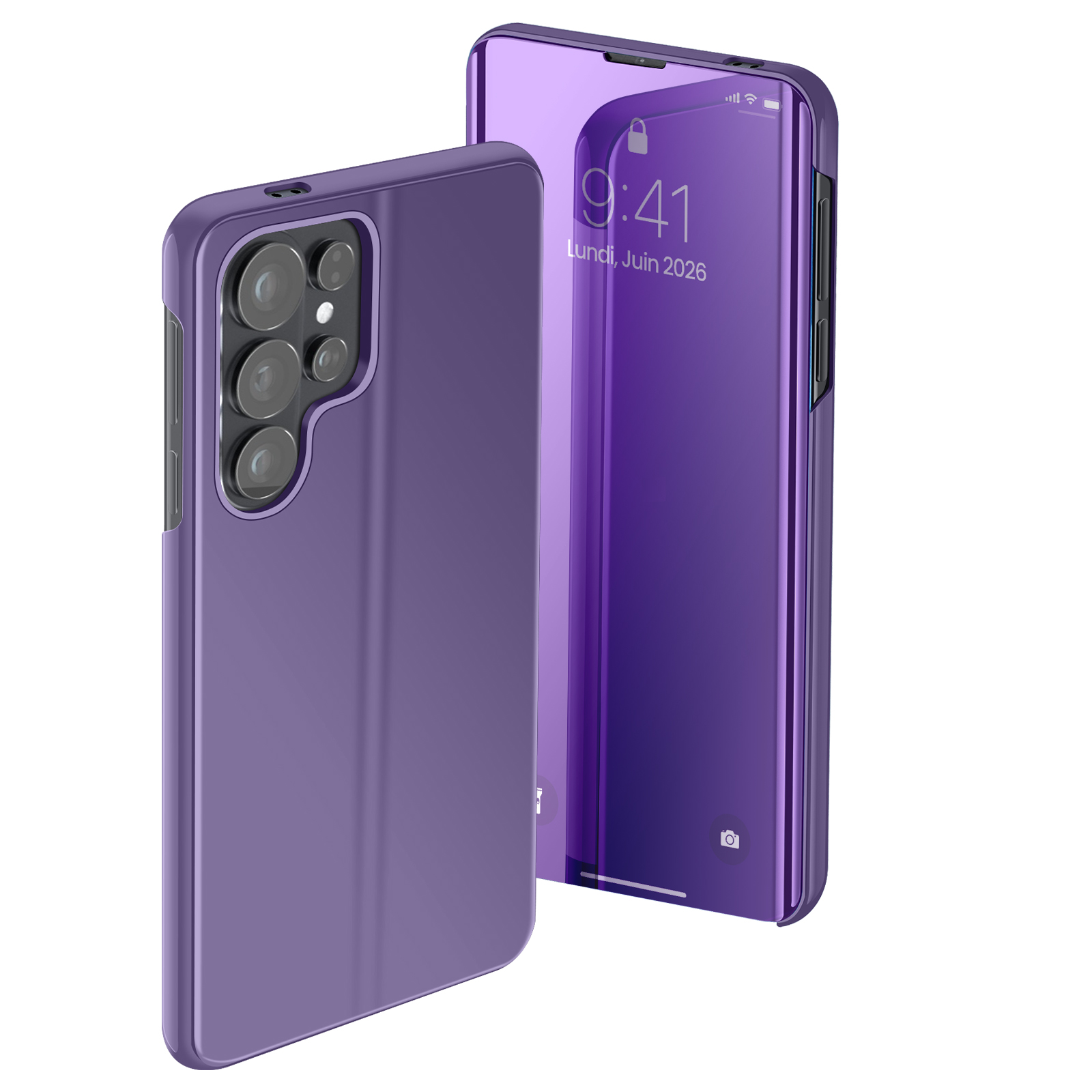 Custodia viola accanto a uno smartphone con schermo specchiato che mostra le 9:41.