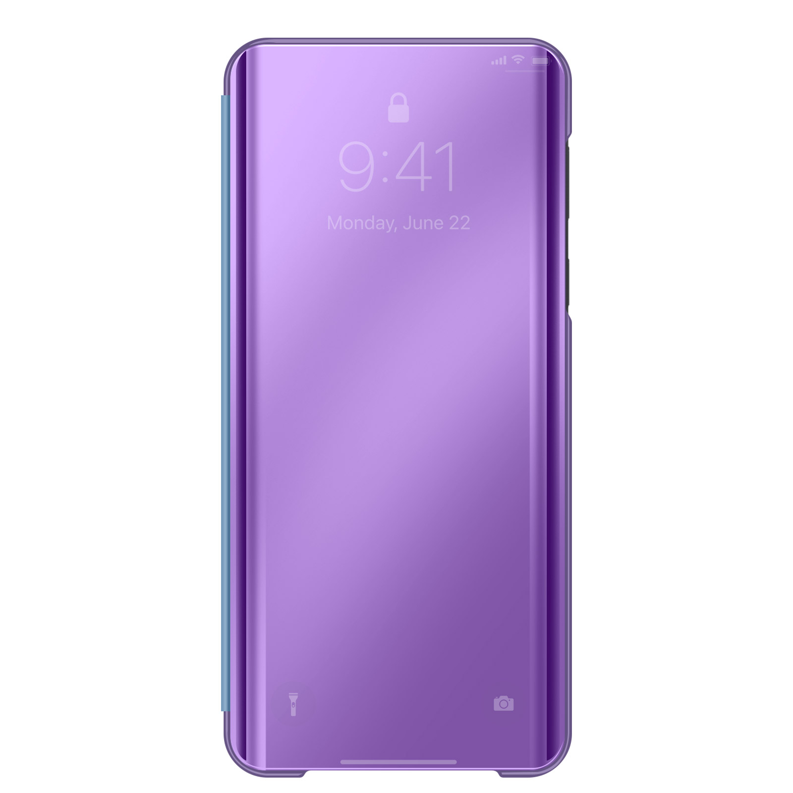 Custodia viola per telefono con frontale a specchio che mostra le 9:41.