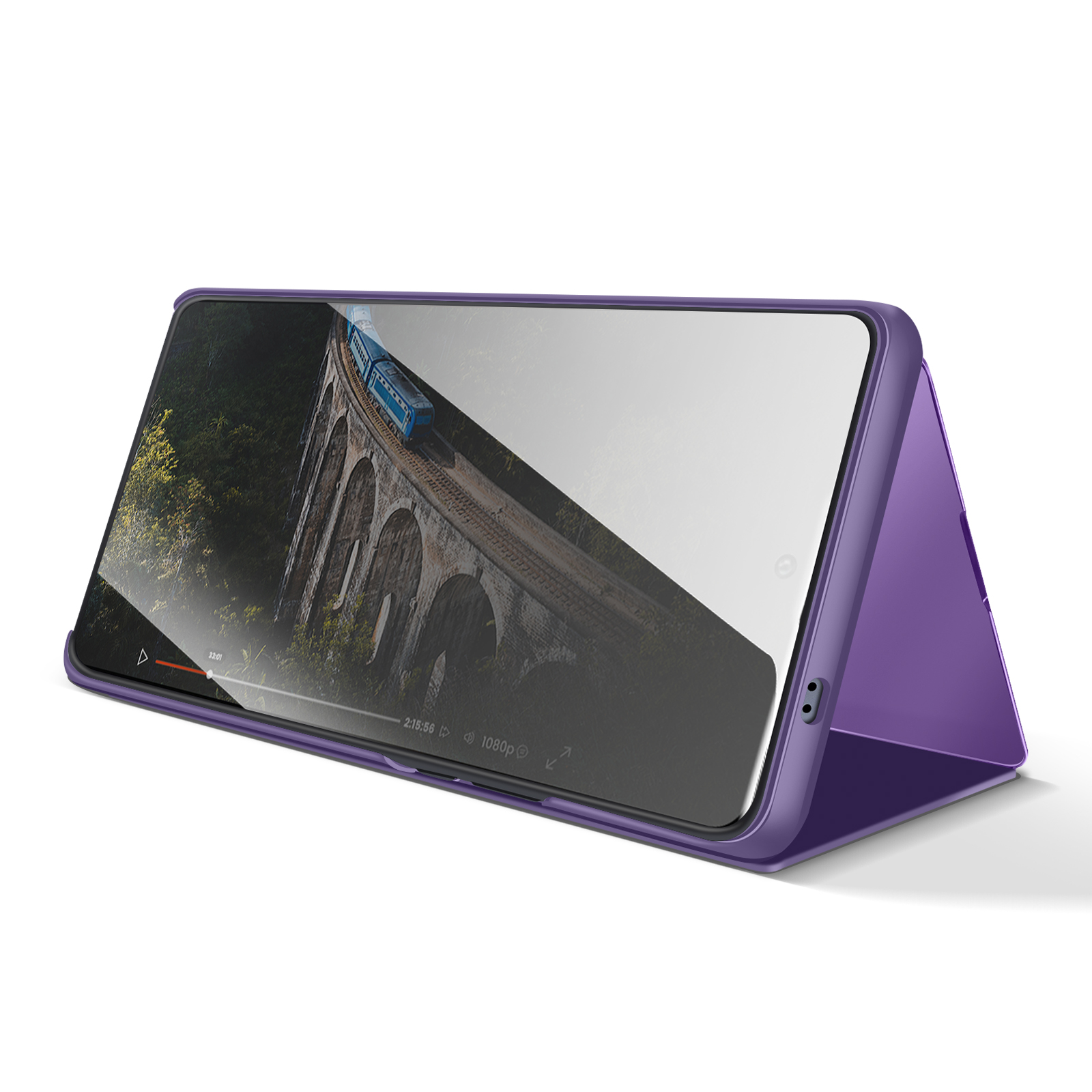 Una custodia viola per telefono è in piedi, che mostra un video di un treno blu su un ponte.