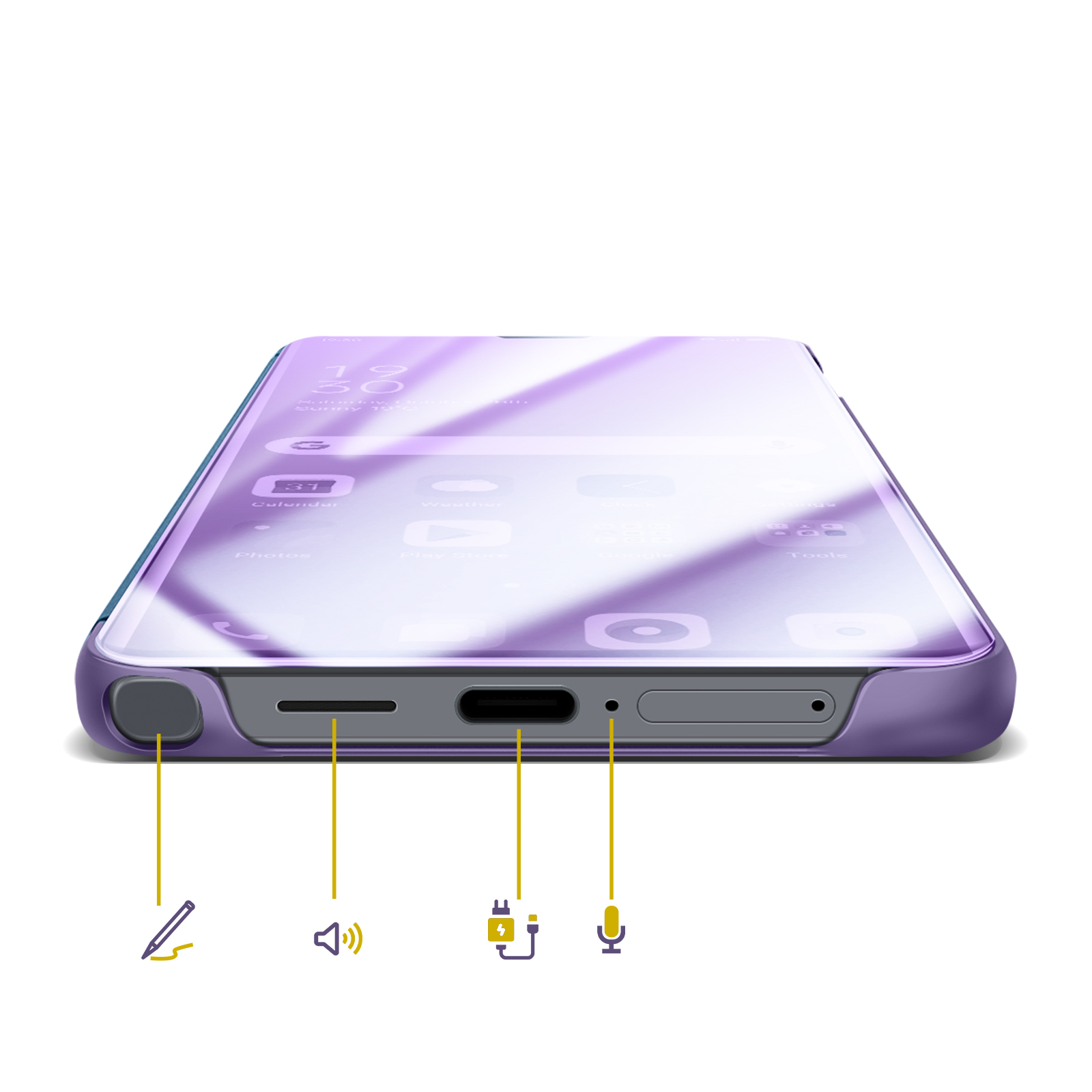 Uno smartphone viola con porte etichettate: penna, altoparlante, porta di ricarica, microfono.