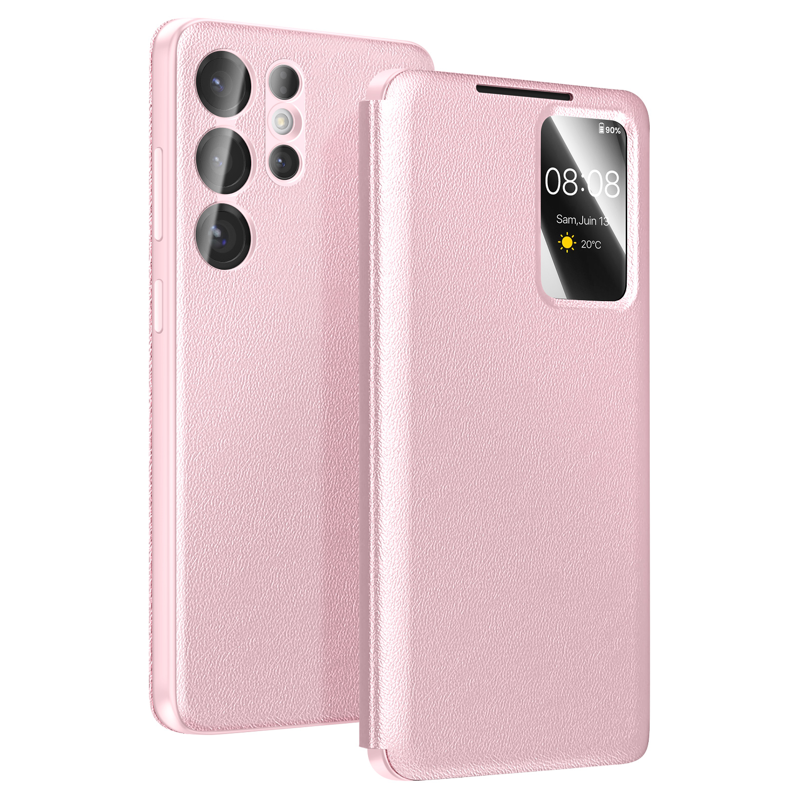 Una custodia per telefono rosa con fotocamere e una piccola finestra che mostra l'ora.