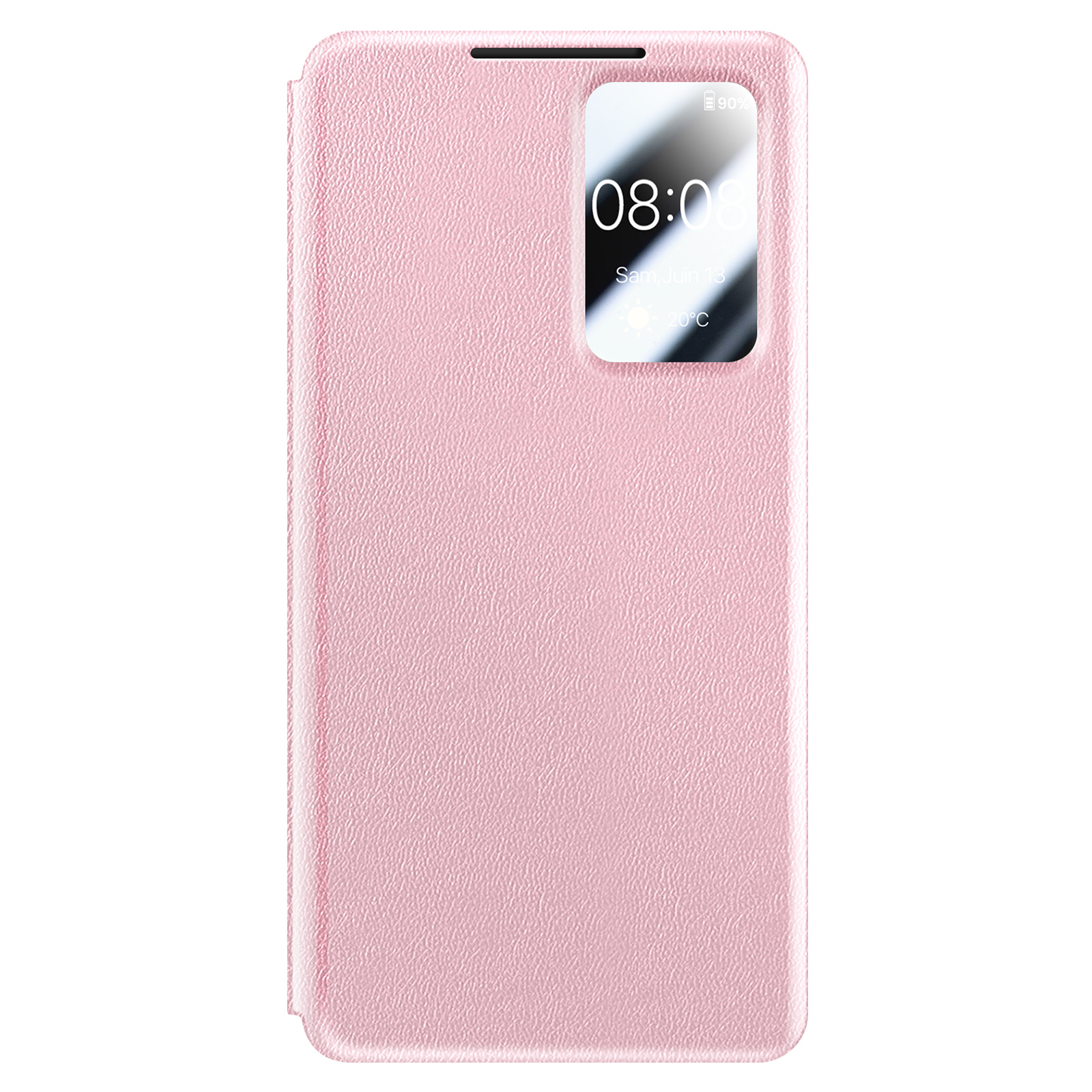 Una custodia per telefono rosa con un ritaglio che mostra l'ora.