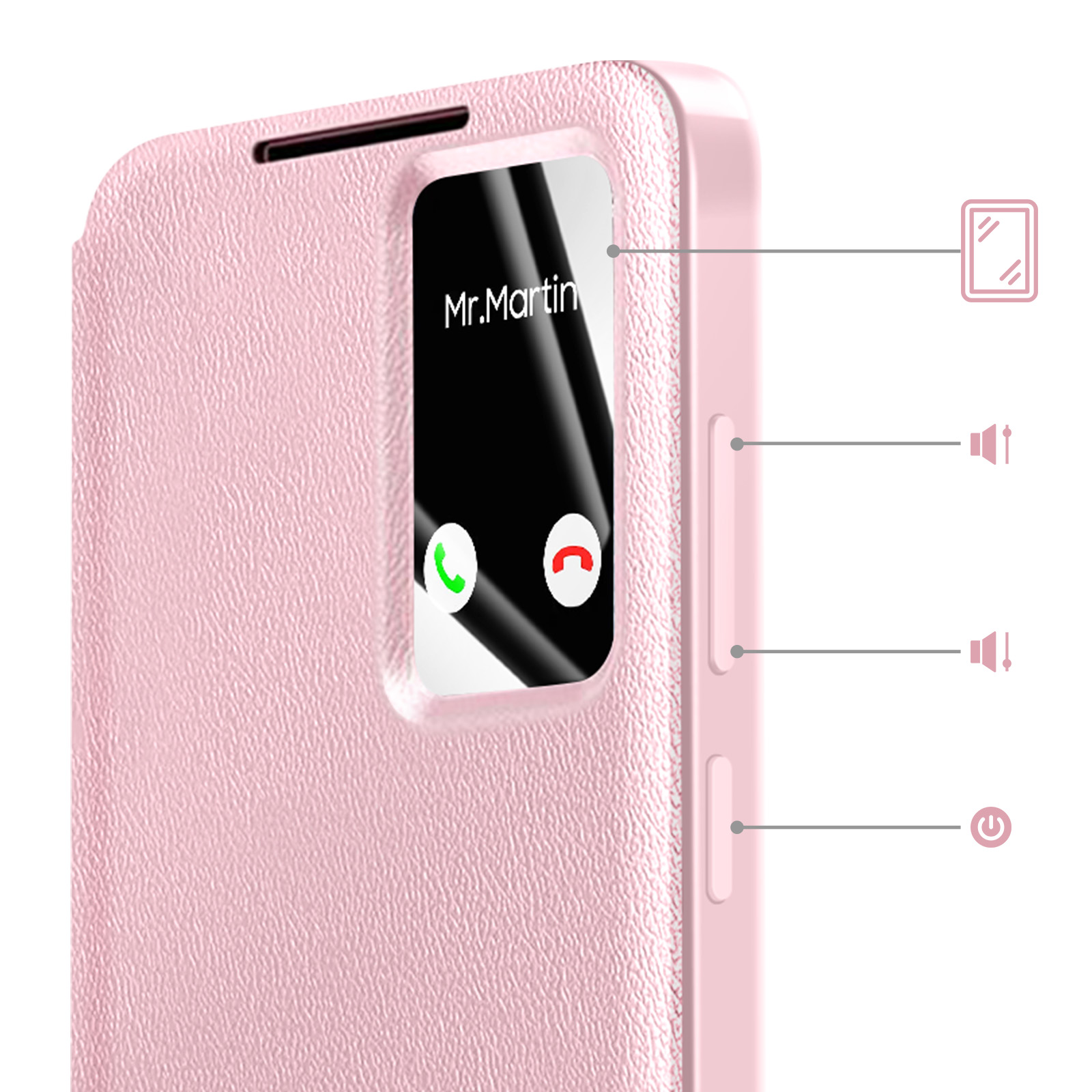 Una cover rosa per telefono con finestra mostra una chiamata in arrivo da Mr. Martin.