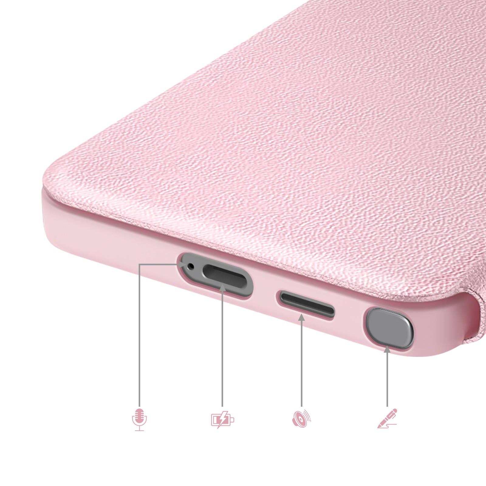 Custodia rosa con porte: microfono, ricarica, altoparlante, stilo.