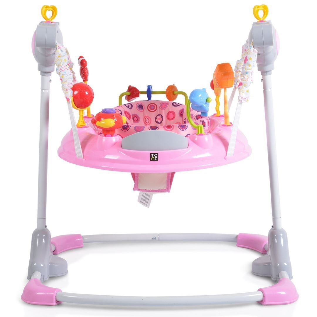 Ein rosafarbener Baby-Jumper mit Spielzeug und einer Sitzfläche.