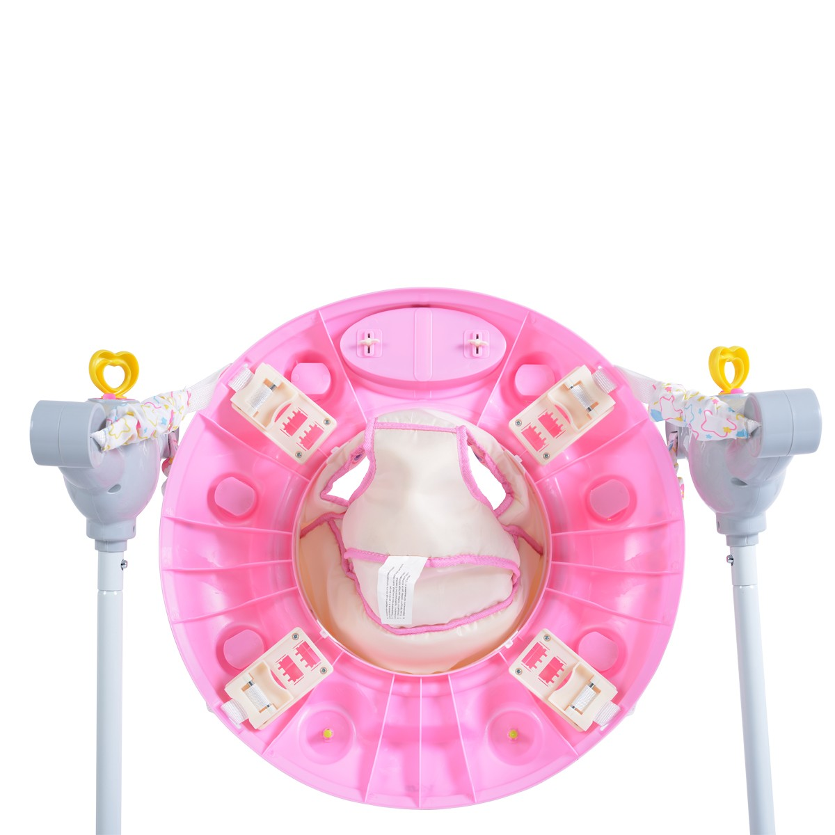 Ein pinker Baby-Lauflernhilfe mit weißem Sitz und grauen Beinen. Gelbe Herzdekorationen.