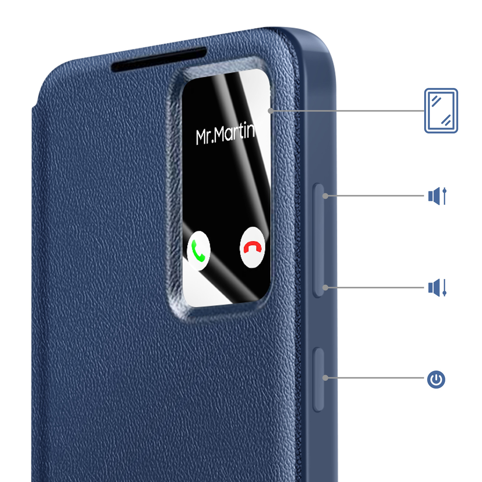 Custodia blu per telefono con finestra che mostra una chiamata in arrivo da Mr. Martin.