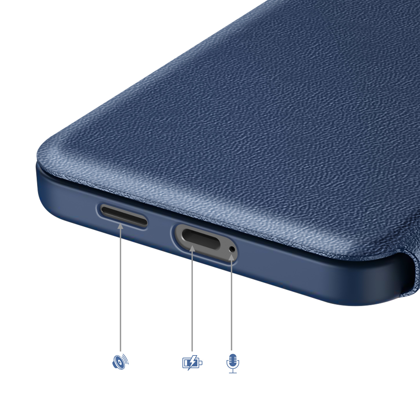 Primo piano di una custodia blu per telefono che mostra aperture per altoparlante, ricarica e microfono.