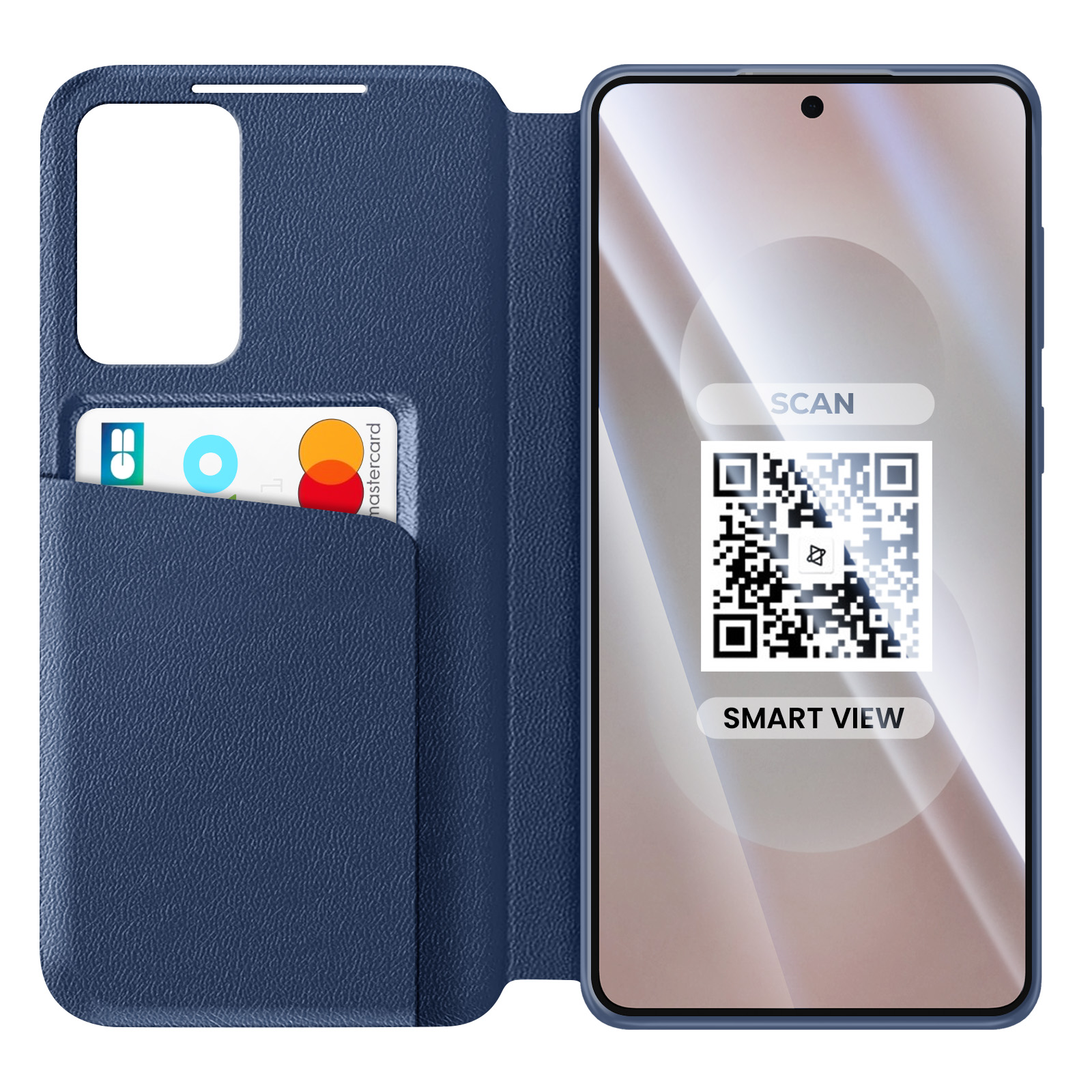 Custodia blu scuro per telefono con porta carte e QR code su schermo.