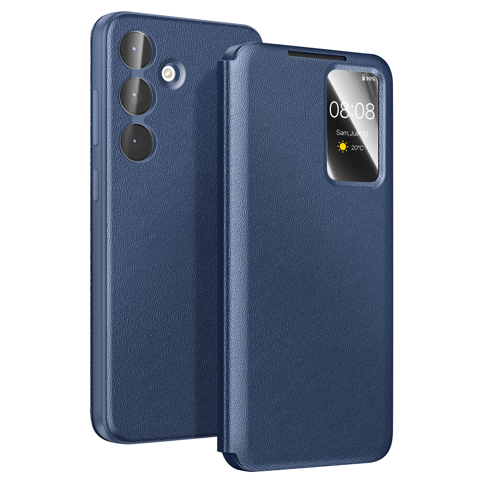Custodia blu scuro per telefono con tre fotocamere posteriori e finestra.