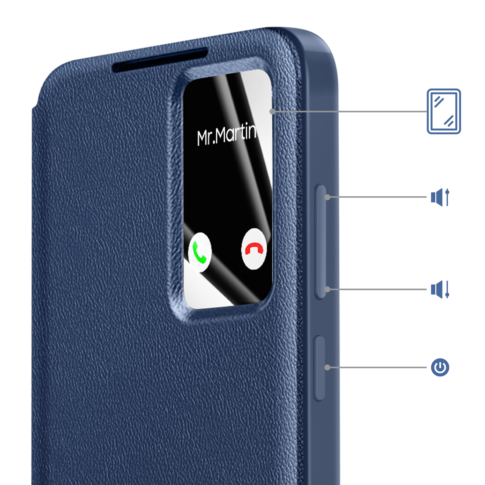 Custodia blu per telefono con finestra che mostra chiamata in arrivo.
