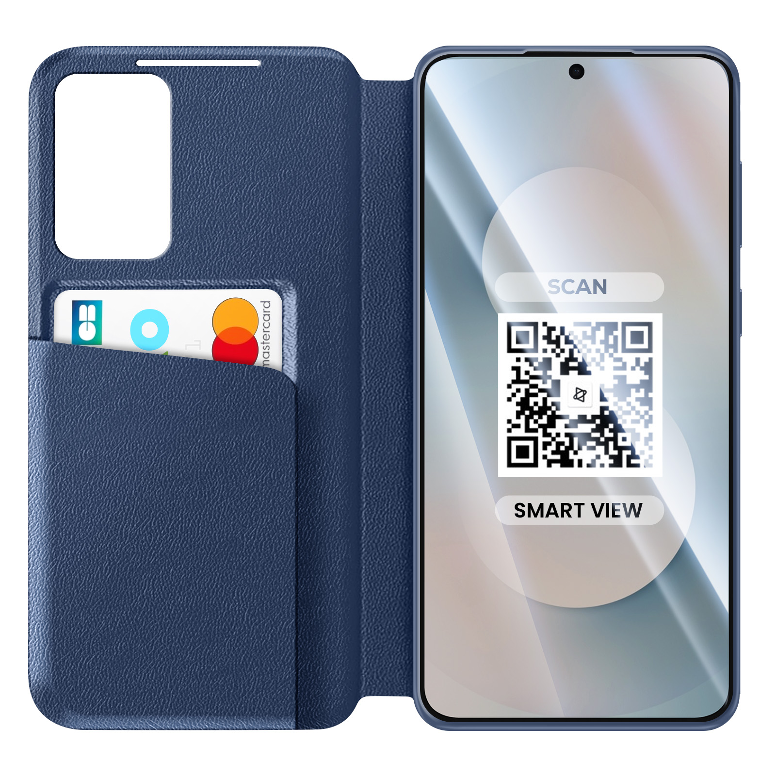 Custodia blu per telefono con porta carte e codice QR sullo schermo.