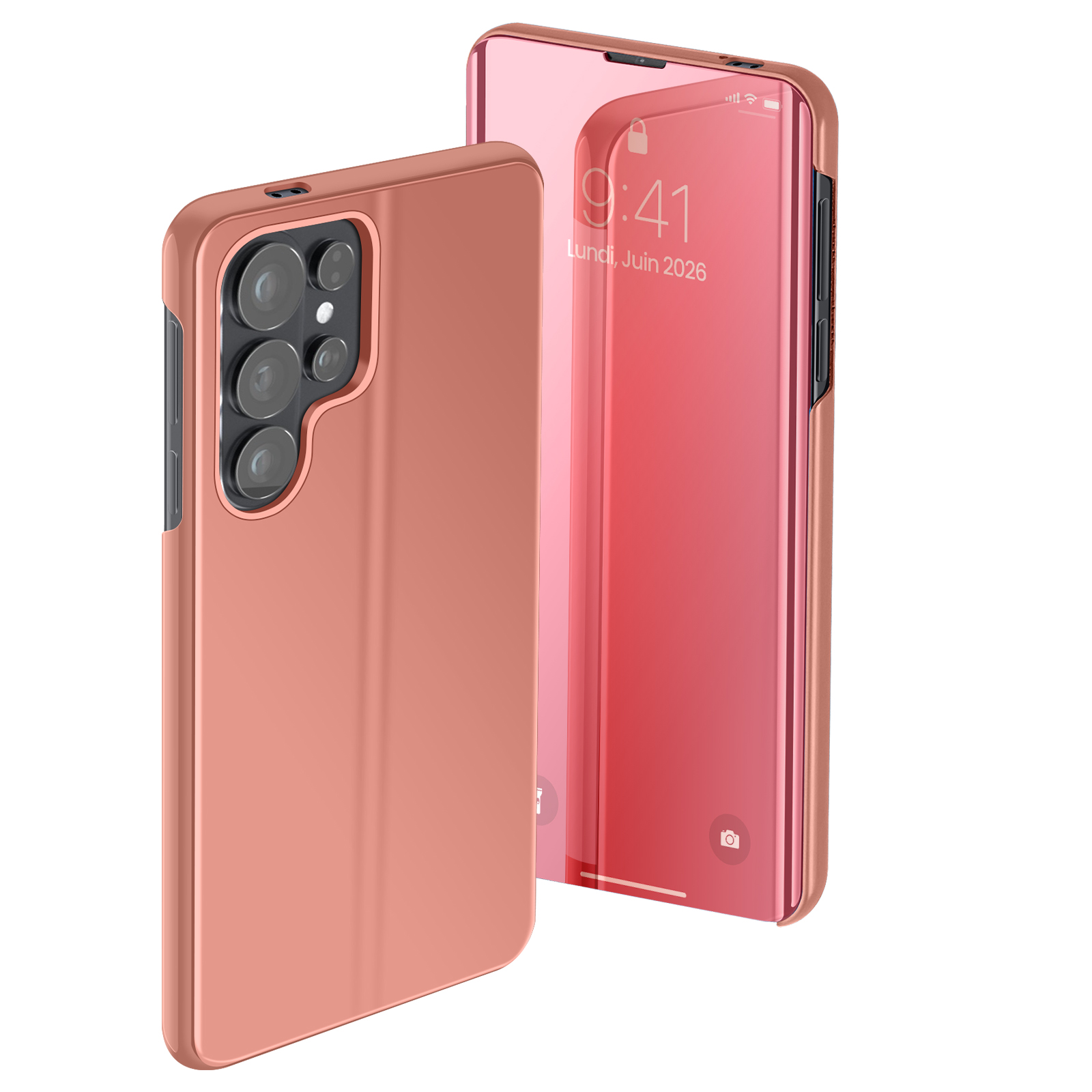 Une coque rose doré à côté d'un téléphone à écran miroir rouge.