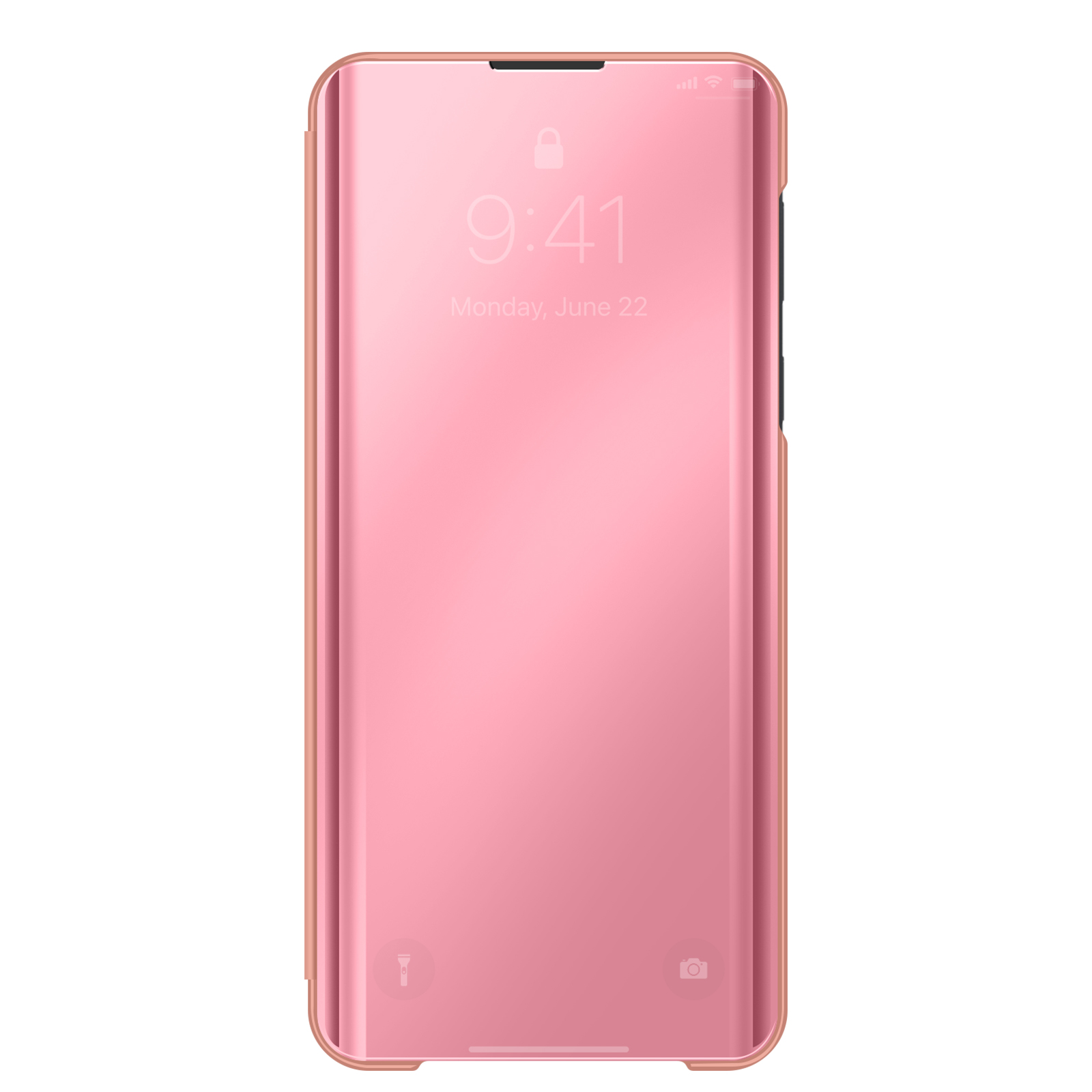 Un smartphone rose avec étui miroir affiche 9h41 et lundi 22 juin.
