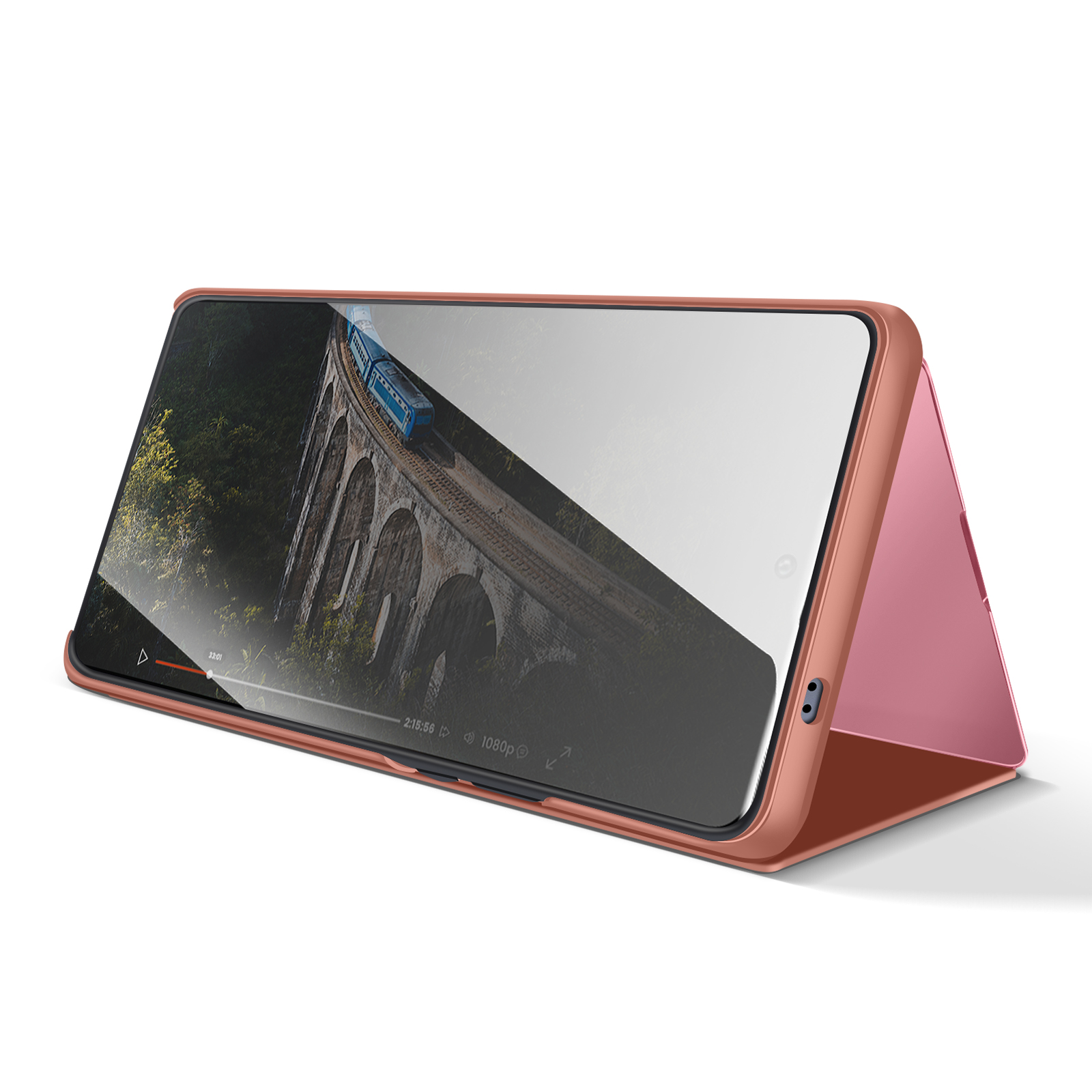 Un téléphone or rose affiche une vidéo d'un train bleu traversant un pont de pierre.