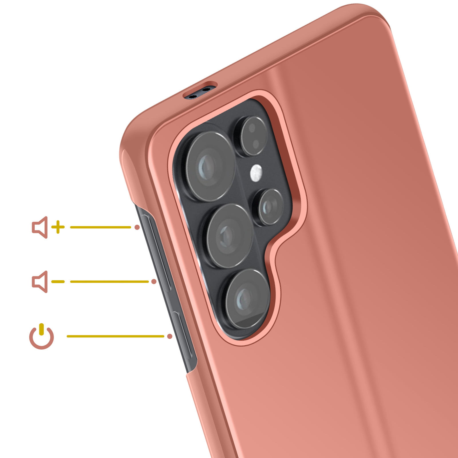 Un téléphone rose doré avec appareil photo et boutons.
